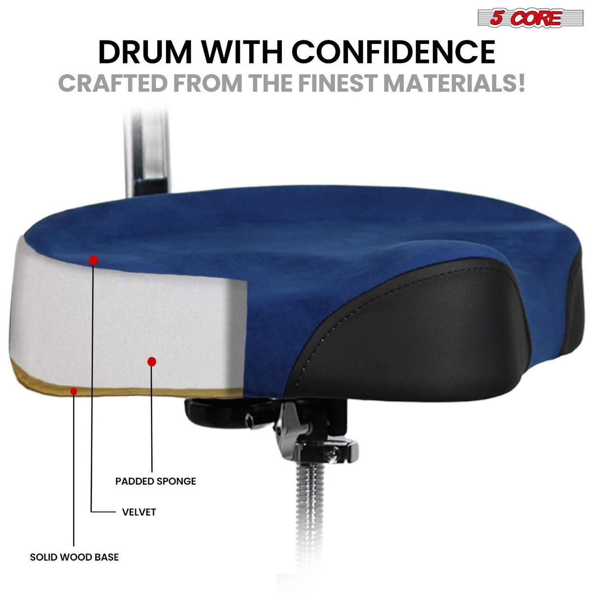 5 Core Drum Throne w Backrest 4" Padded Adjustable 26.5" Drummer Stool w Velvet Top 441Lb Capacity