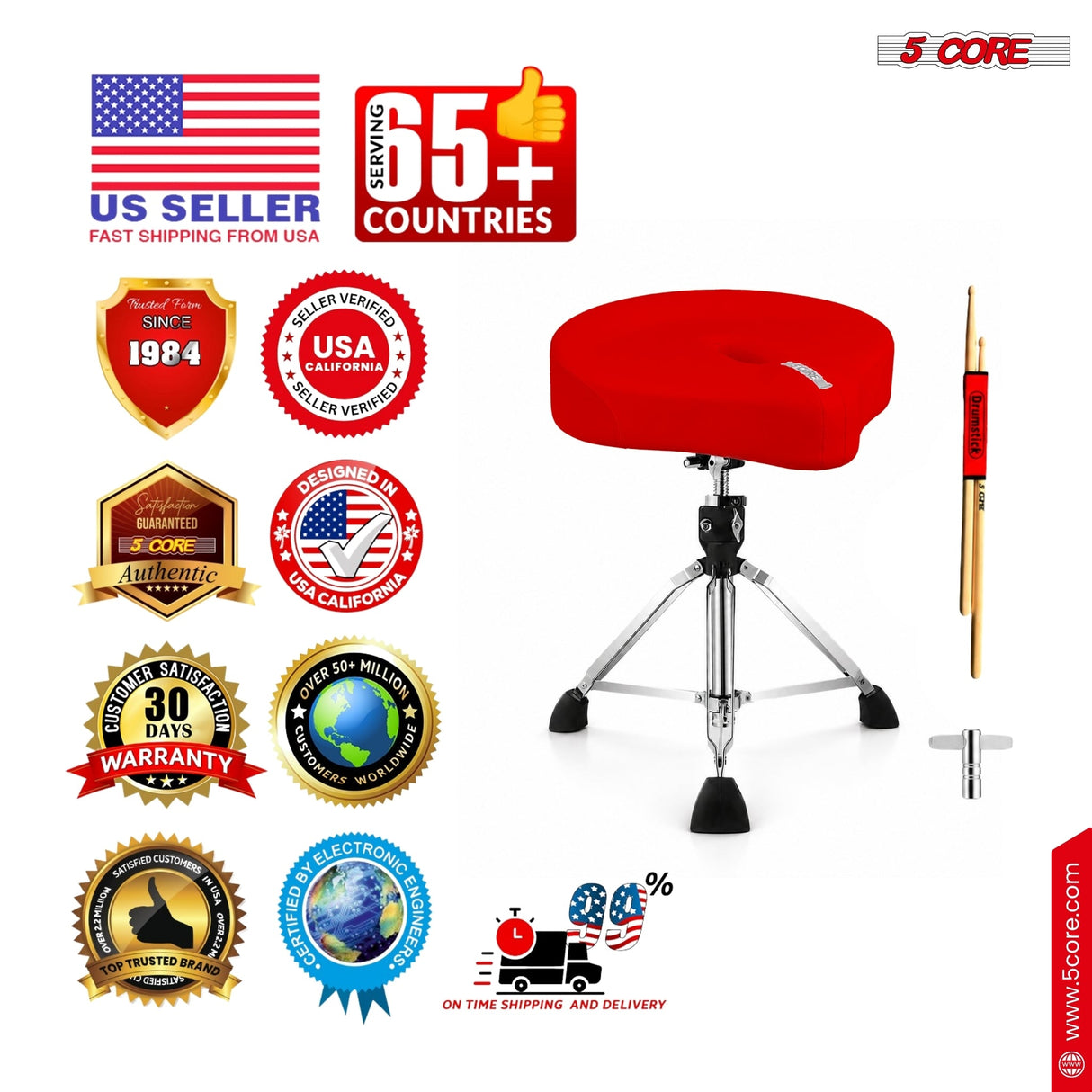 5 Core Drum Throne w 4.5" Padded Stool Adjustable Drummer Chair