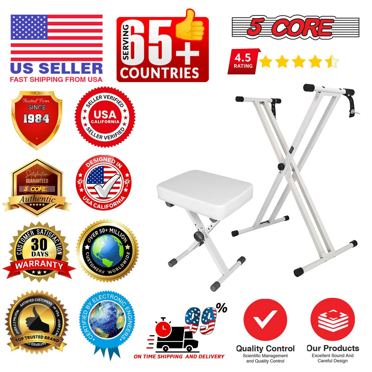 5 Core Keyboard Stand Piano Bench Combo Adjustable Key Board Stands 3" Padded Musician Chair Set