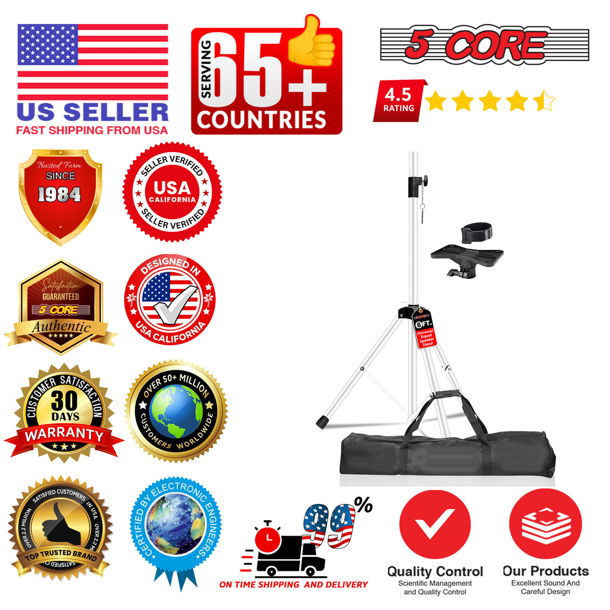5 Core Speaker Stand Tripod Heavy Duty Adjustable 72" Universal Mount for PA DJ Studio w Bag