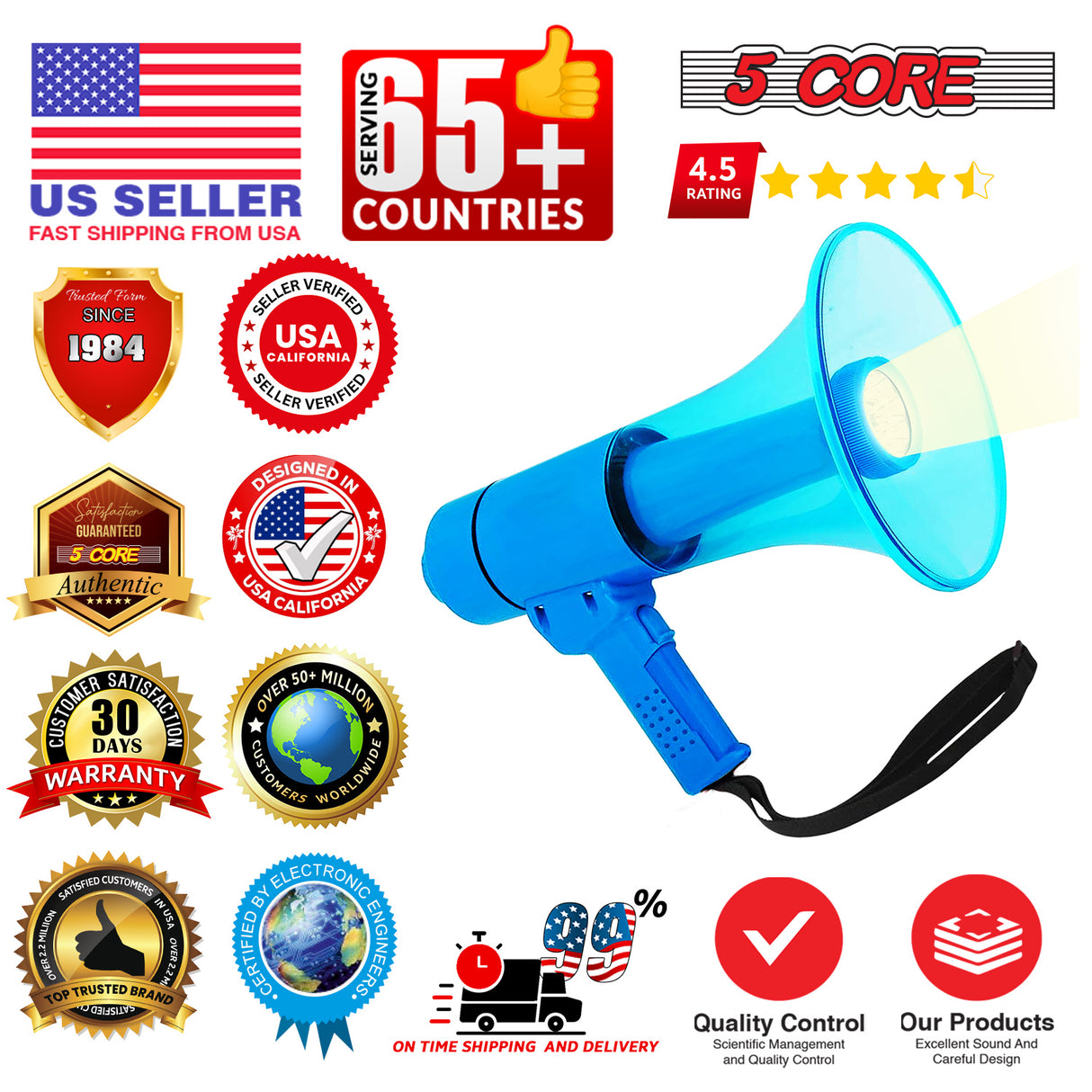 5 Core Megaphone 50W Waterproof Bull Horn PA Speaker 800 Yard Range Flashlight
