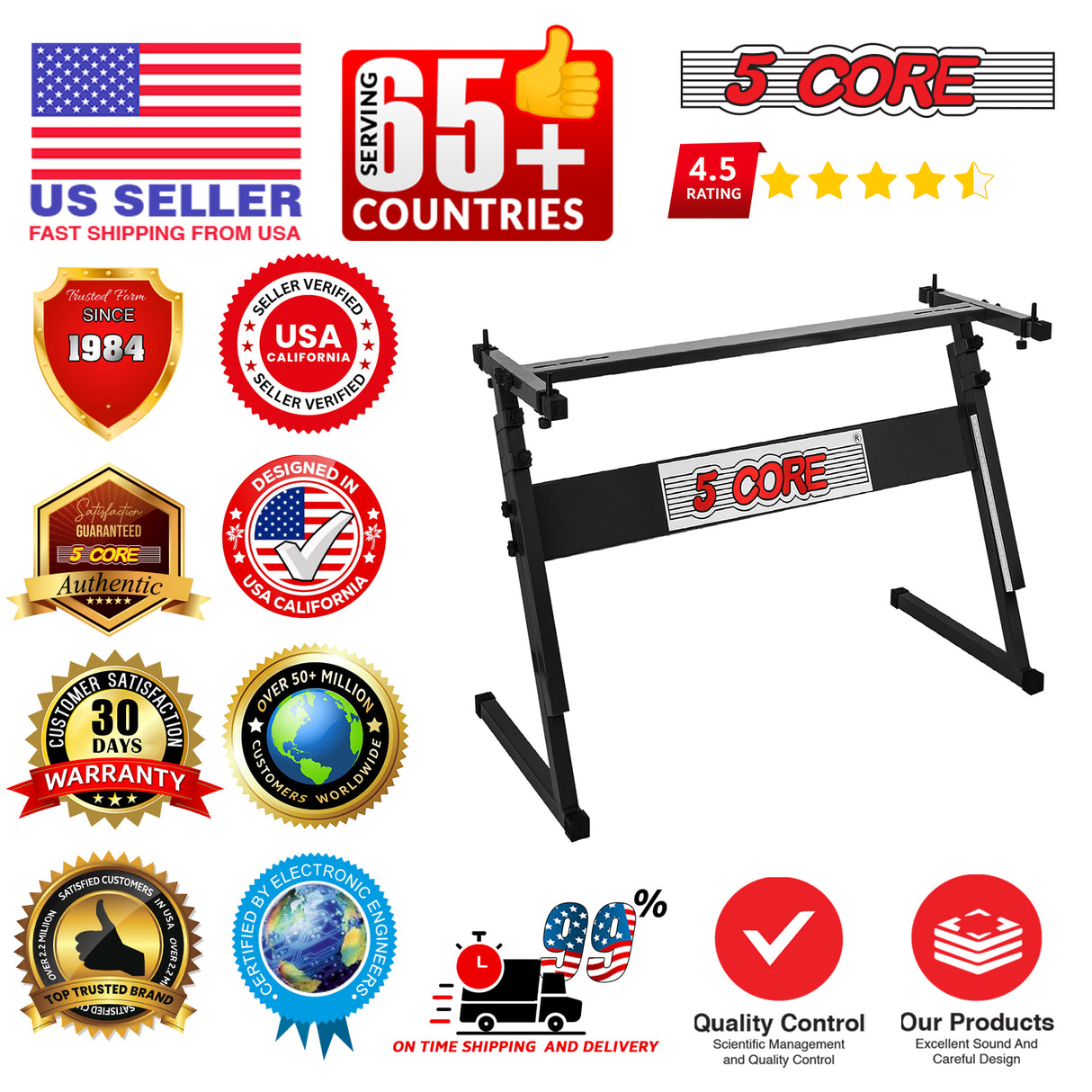 5 Core Keyboard Stand Adjustable 21 - 33" Z Style Metal Electric Piano Riser 330Lb Capacity Foldable