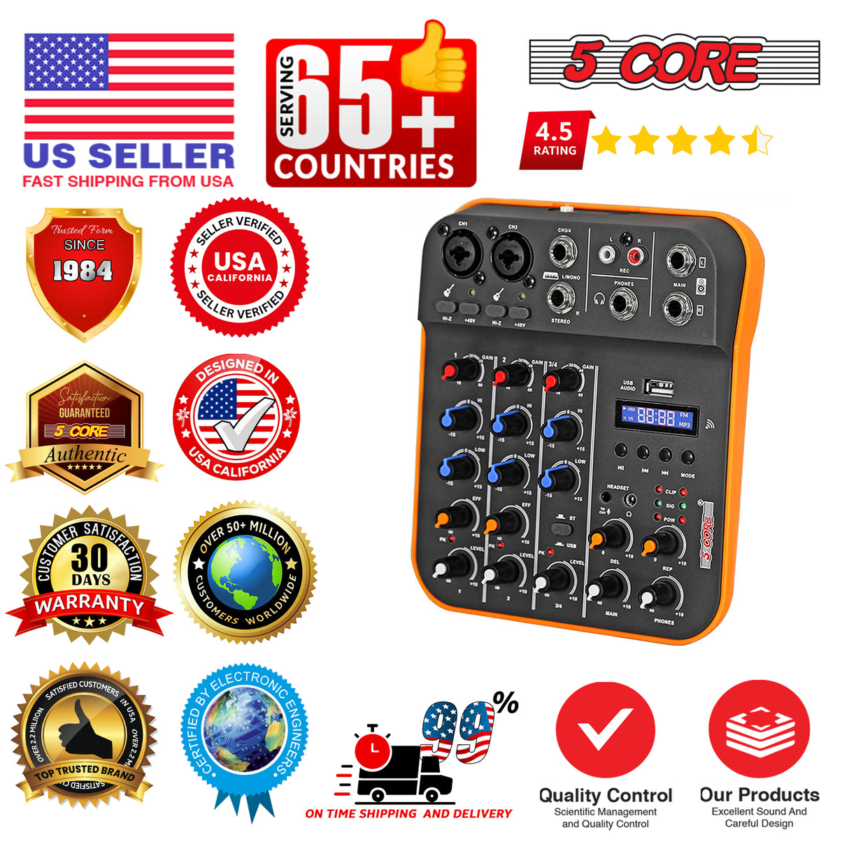 5Core Audio Mixer 4 Channel DJ Soundboard USB Interface Bluetooth Mixing Console w Repeat Delay +48V