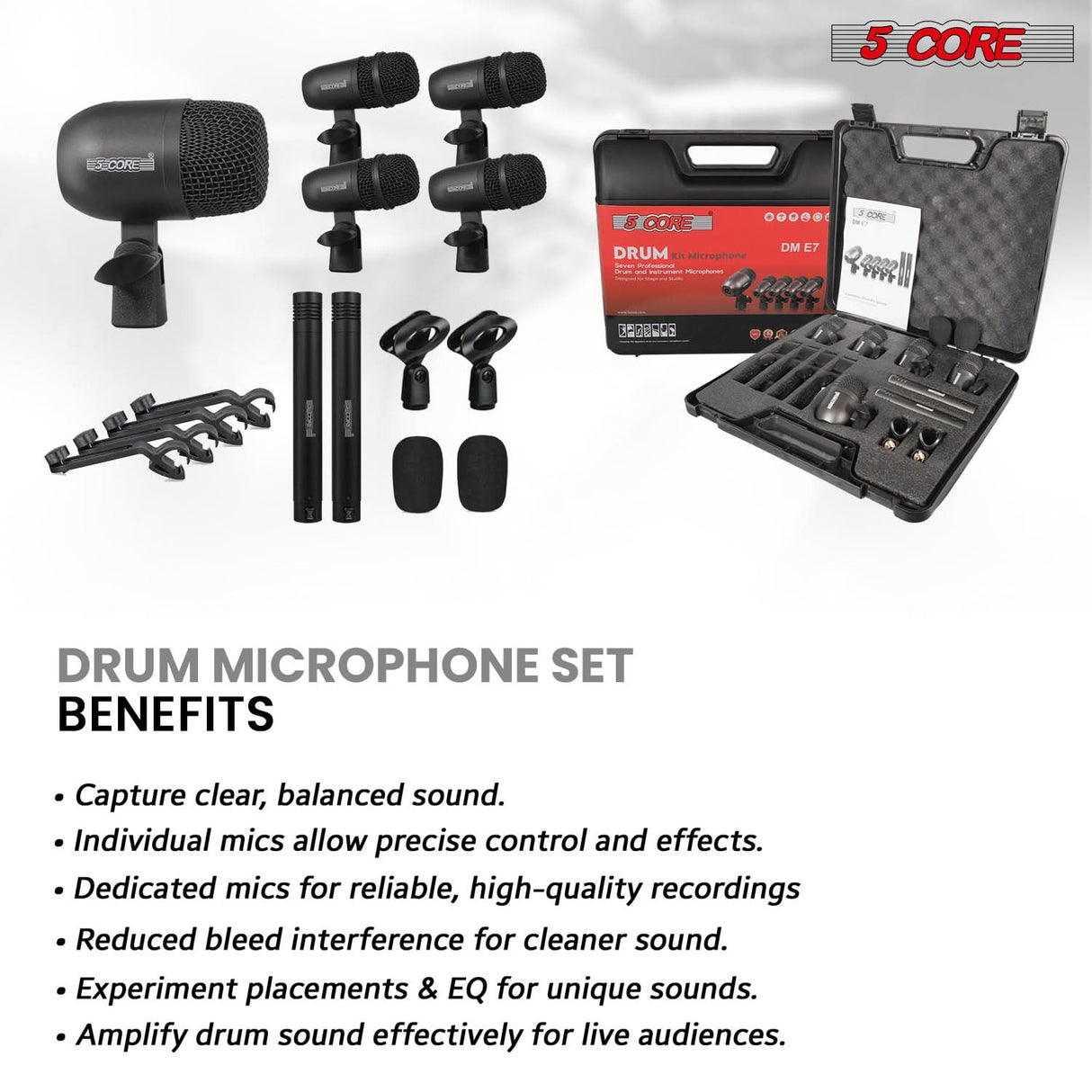 5 Core Drum Microphone Kit 7 Piece All Metal Drummer Instrument Mics Tom/Snare & Cymbals Set