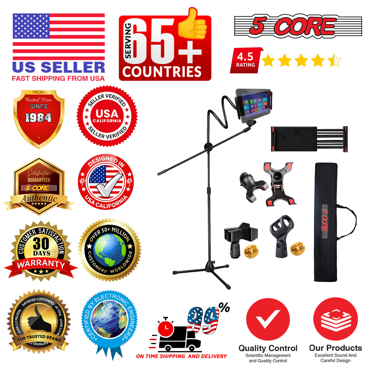 5 Core Tripod Mic Stand w Phone Holder Height Adjustable Microphone Mount Stands