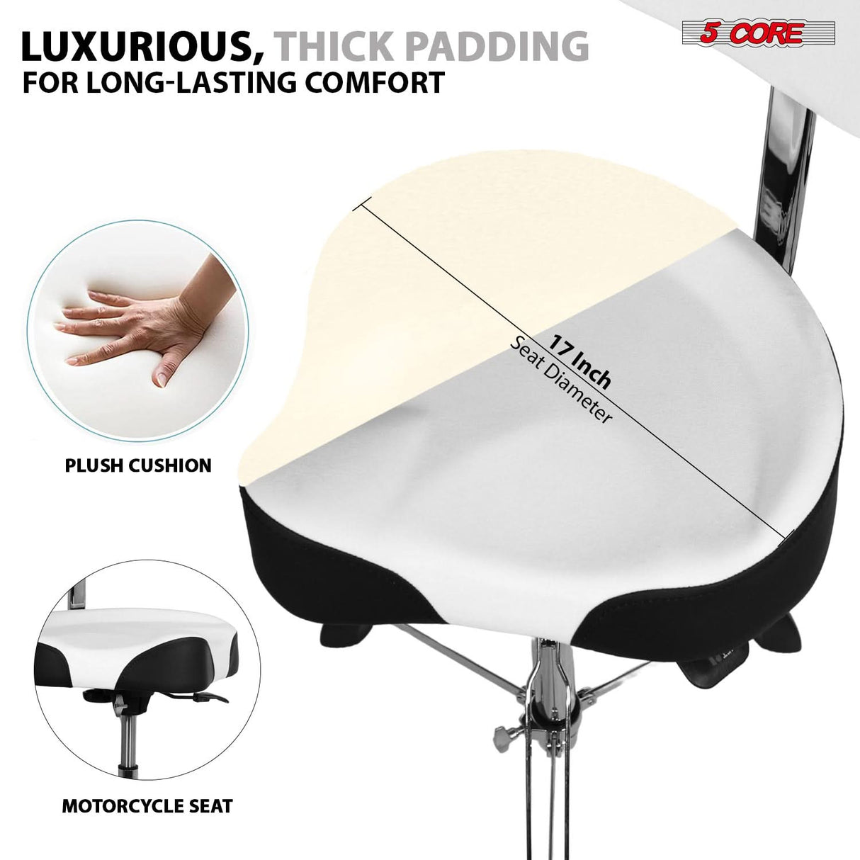 5 Core Drum Throne w Backrest 4" Padded Stool Airlift 25" Adjustable Drummer Stool 441Lb Capacity