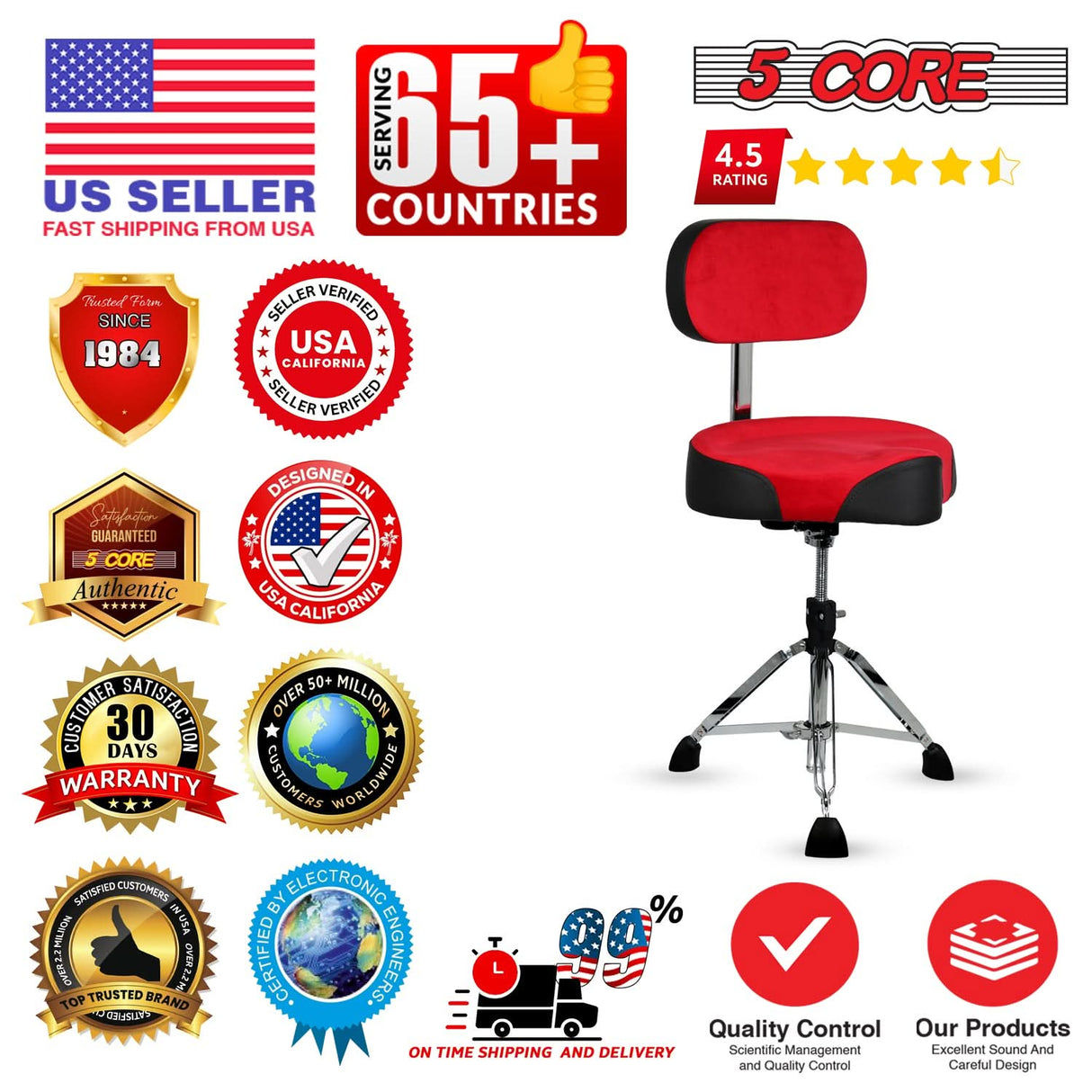 5 Core Drum Throne w Backrest 4" Padded Adjustable 26.5" Drummer Stool w Velvet Top 441Lb Capacity