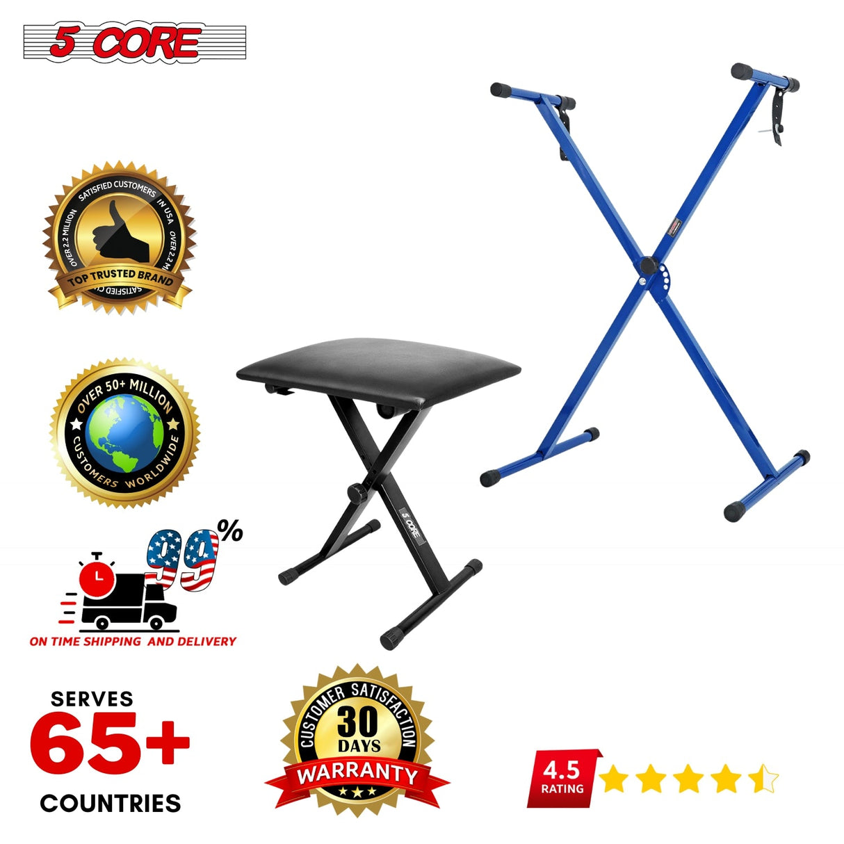 5Core Keyboard Stand Single X Style Adjustable Piano Riser + Keyboard Piano Bench