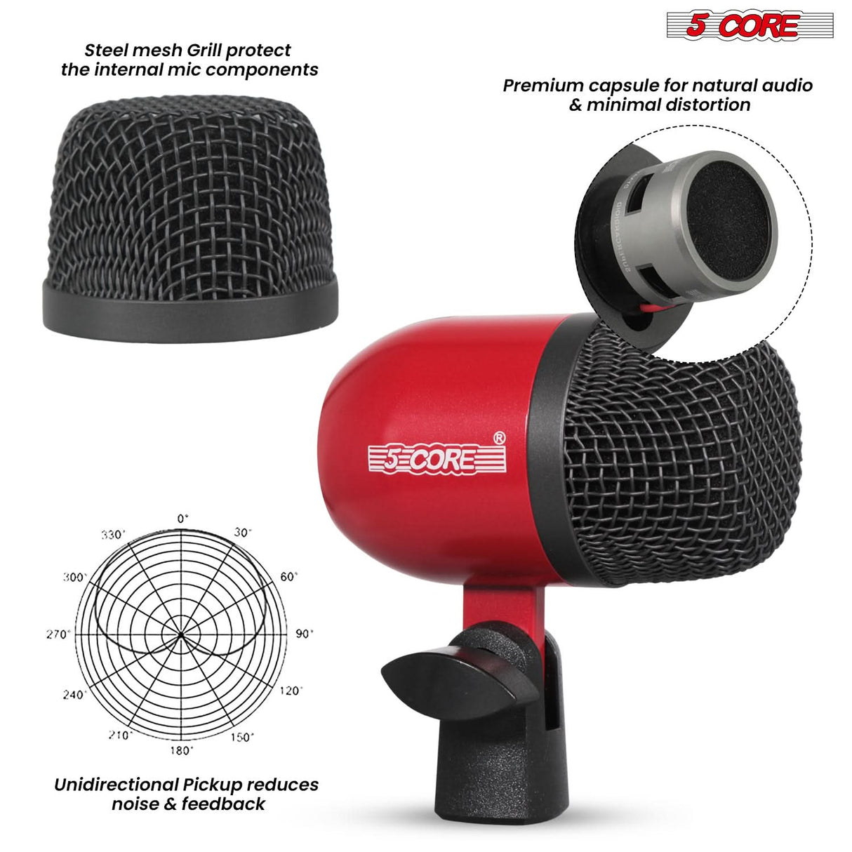 5 Core Drum Microphone Kit 7 Piece All Metal Drummer Instrument Mics Tom/Snare & Cymbals Set
