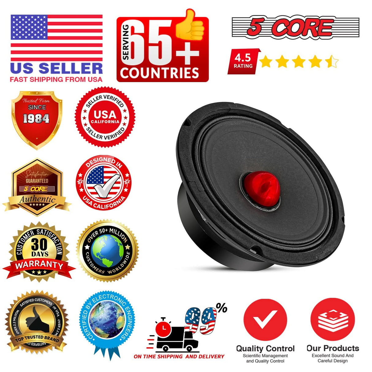 5 Core 6.5" Subwoofer Speaker Pair 360W Mid Range Car Audio Sub Woofer 4Ohm Bass Replacement Driver