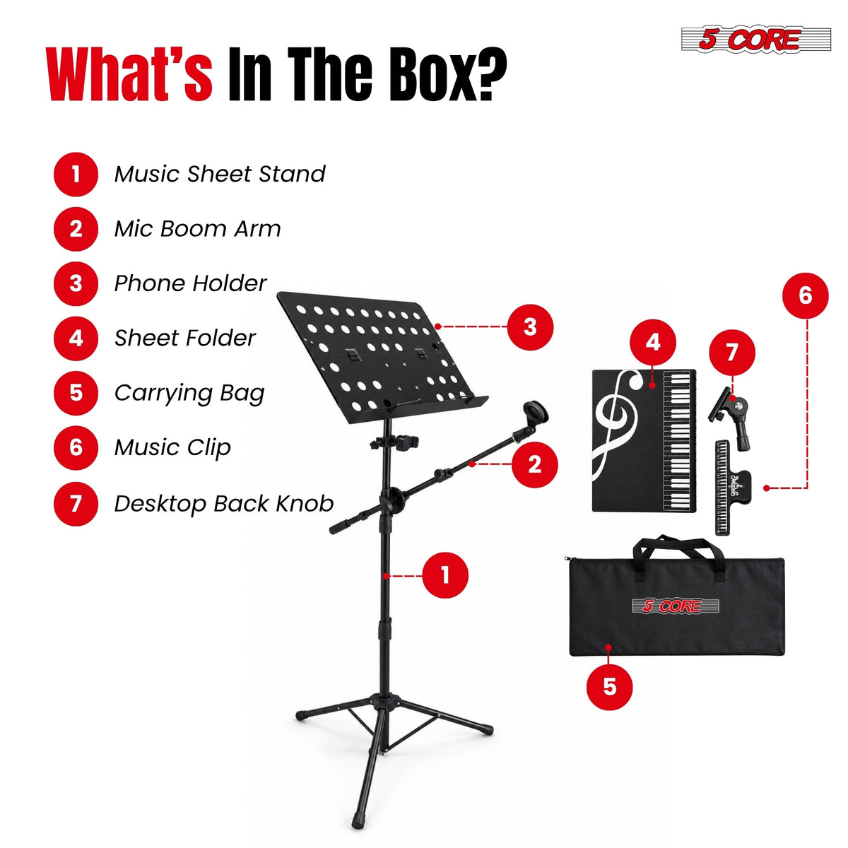 5Core Music Stand Height Adjustable Desktop Book Stands w Mic Mobile Holder