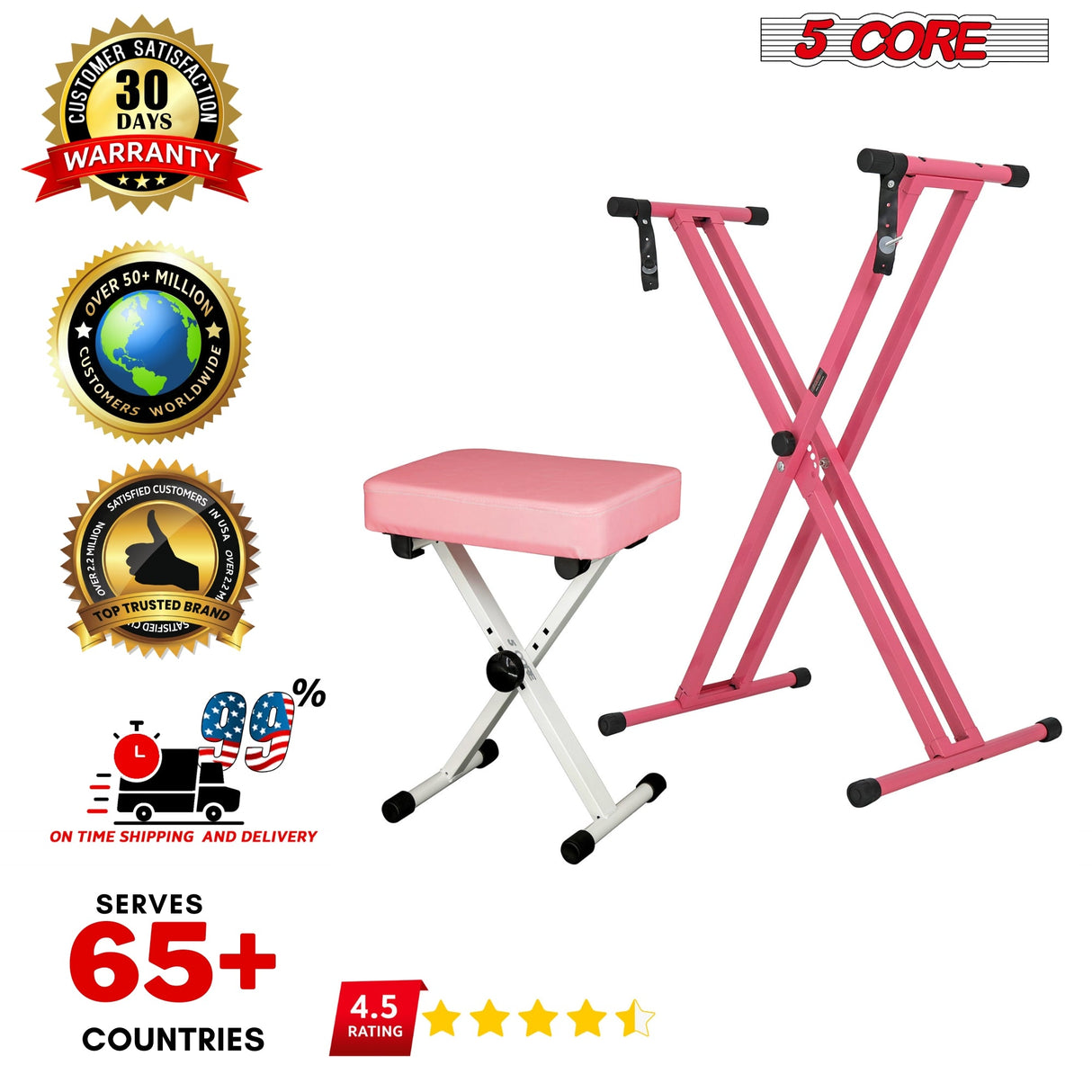 5Core Keyboard Stand Double X Style Adjustable Piano Riser + Keyboard Piano Bench PINK