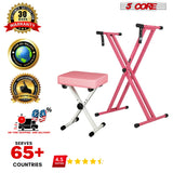 5Core Keyboard Stand Double X Style Adjustable Piano Riser + Keyboard Piano Bench PINK