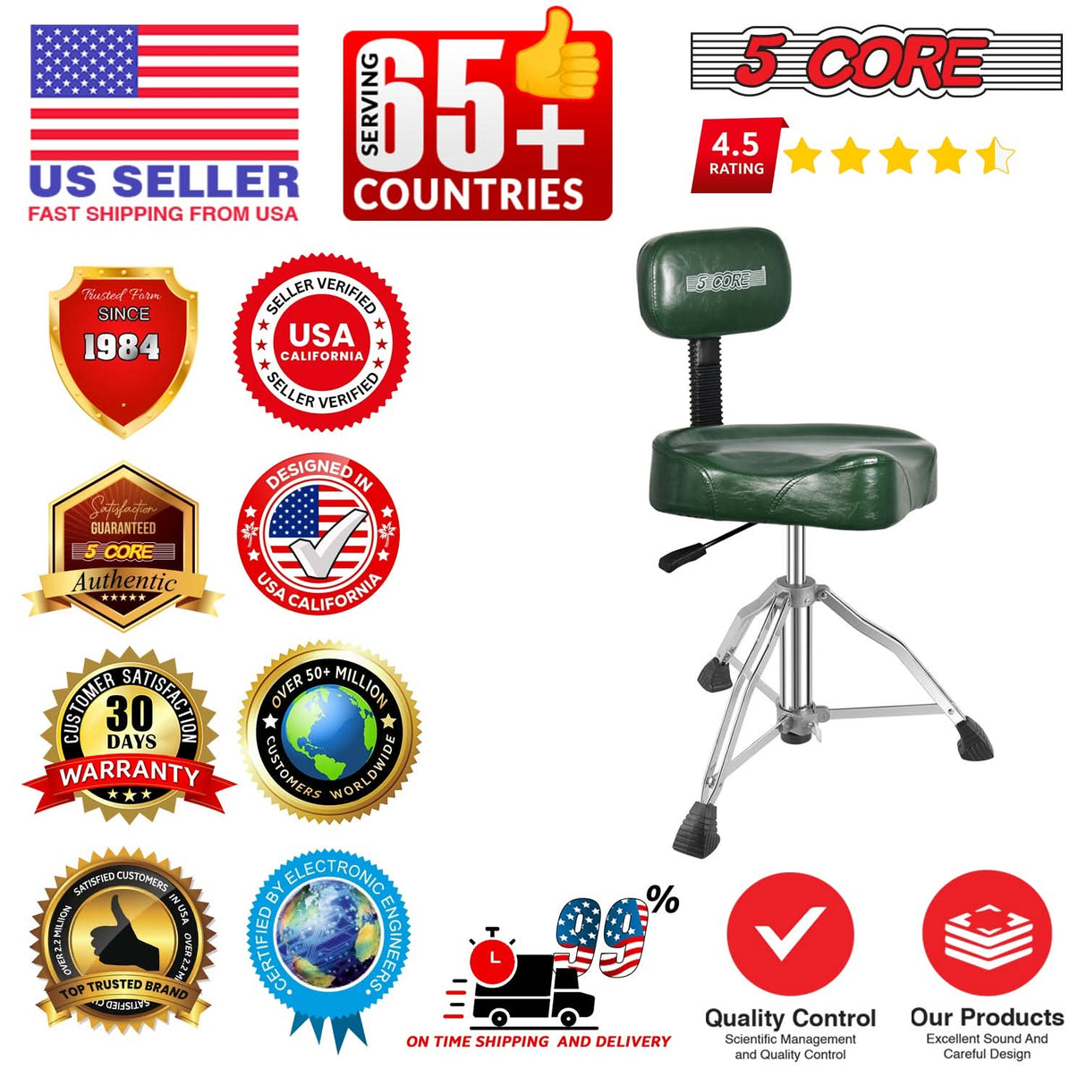 5 Core Drum Throne w Backrest 4" Padded Stool Adjustable 24.5" Drummer Chair w 441Lb Capacity