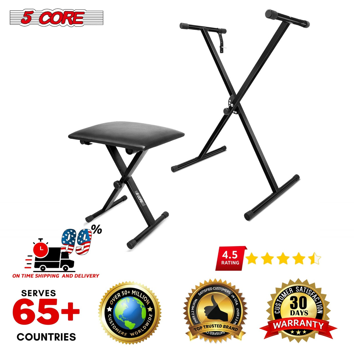 5Core Keyboard Stand Single X Style Adjustable Piano Riser + Keyboard Piano Bench
