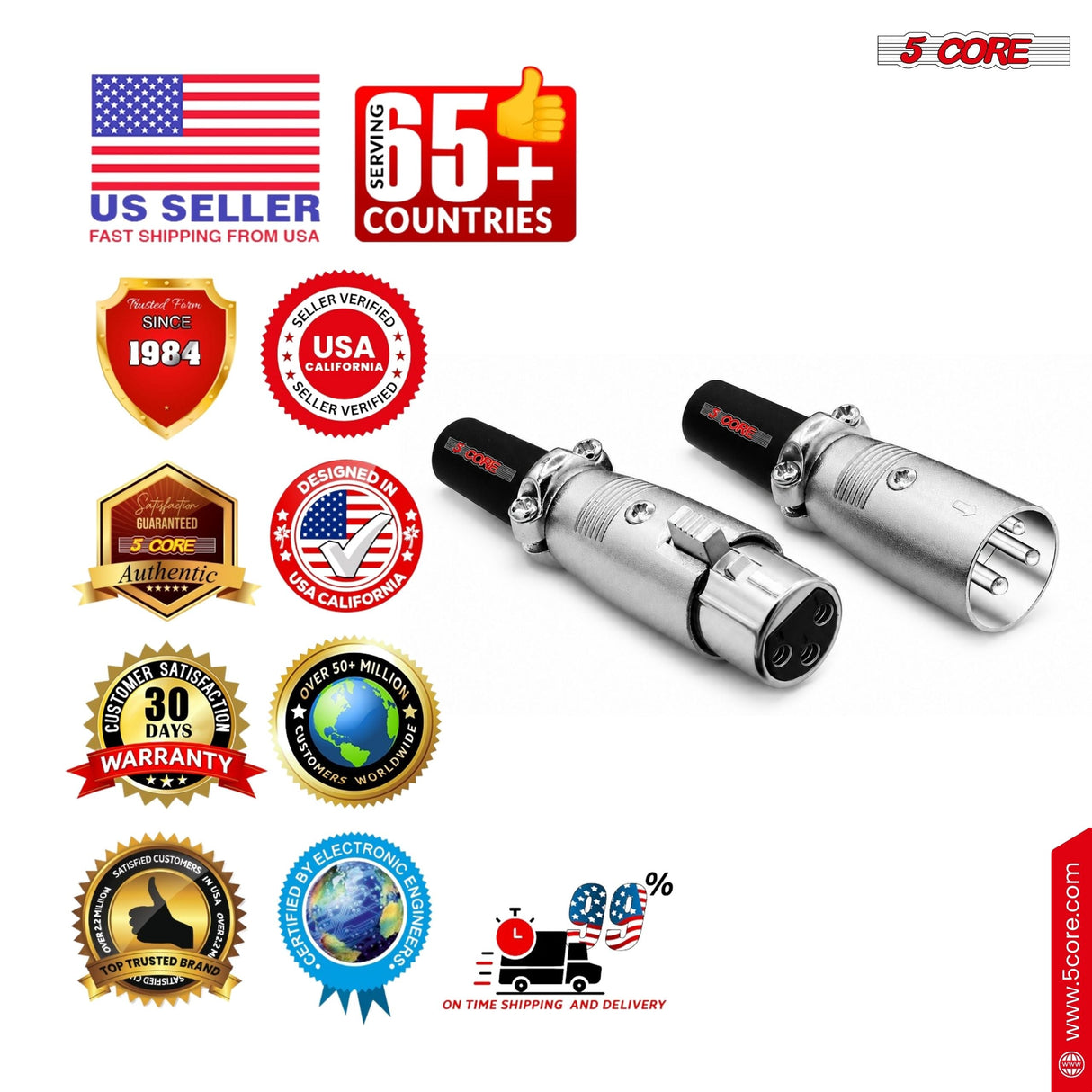 5Core XLR Connector Male Female to 1/4 Audio Jack 3 Pin Secure Mic Plug w Locking Ends