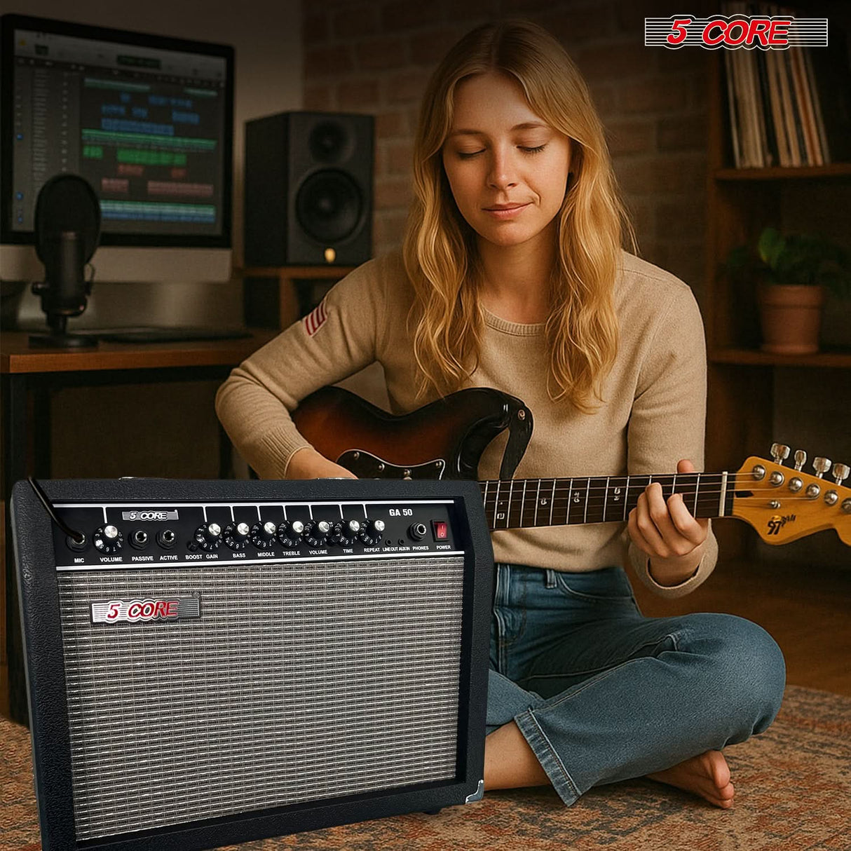 5 Core Guitar Amp 50 Watt  Electric Amplifier w Built in 8" Speaker Portable Mini Amps w Aux