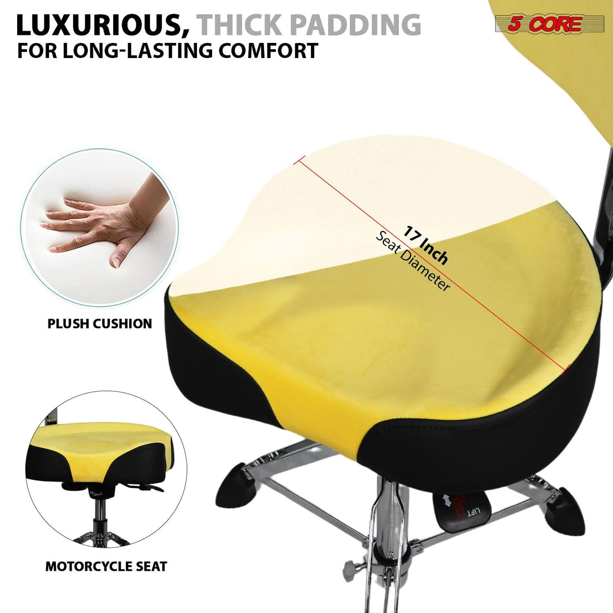 5 Core Drum Throne 4" Padded Seat w Backrest Airlift Adjustable Chair Ergonomic Drummer Stool