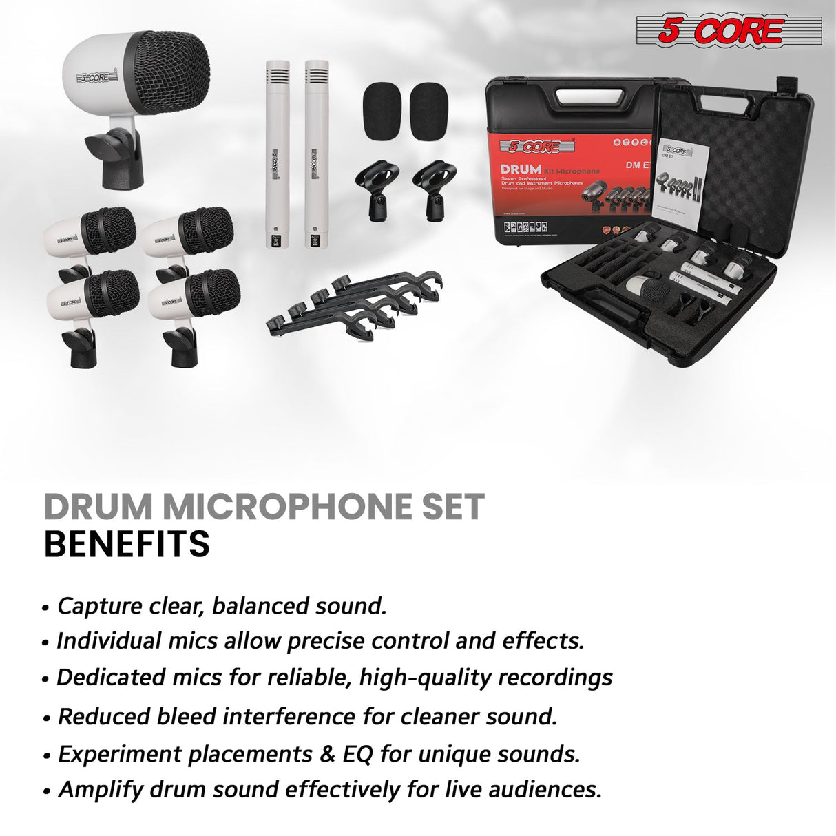 5 Core Drum Microphone Kit 7Pc All Metal Drummer Mics Tom/Snare & Cymbals Wired Instrument Drums Set