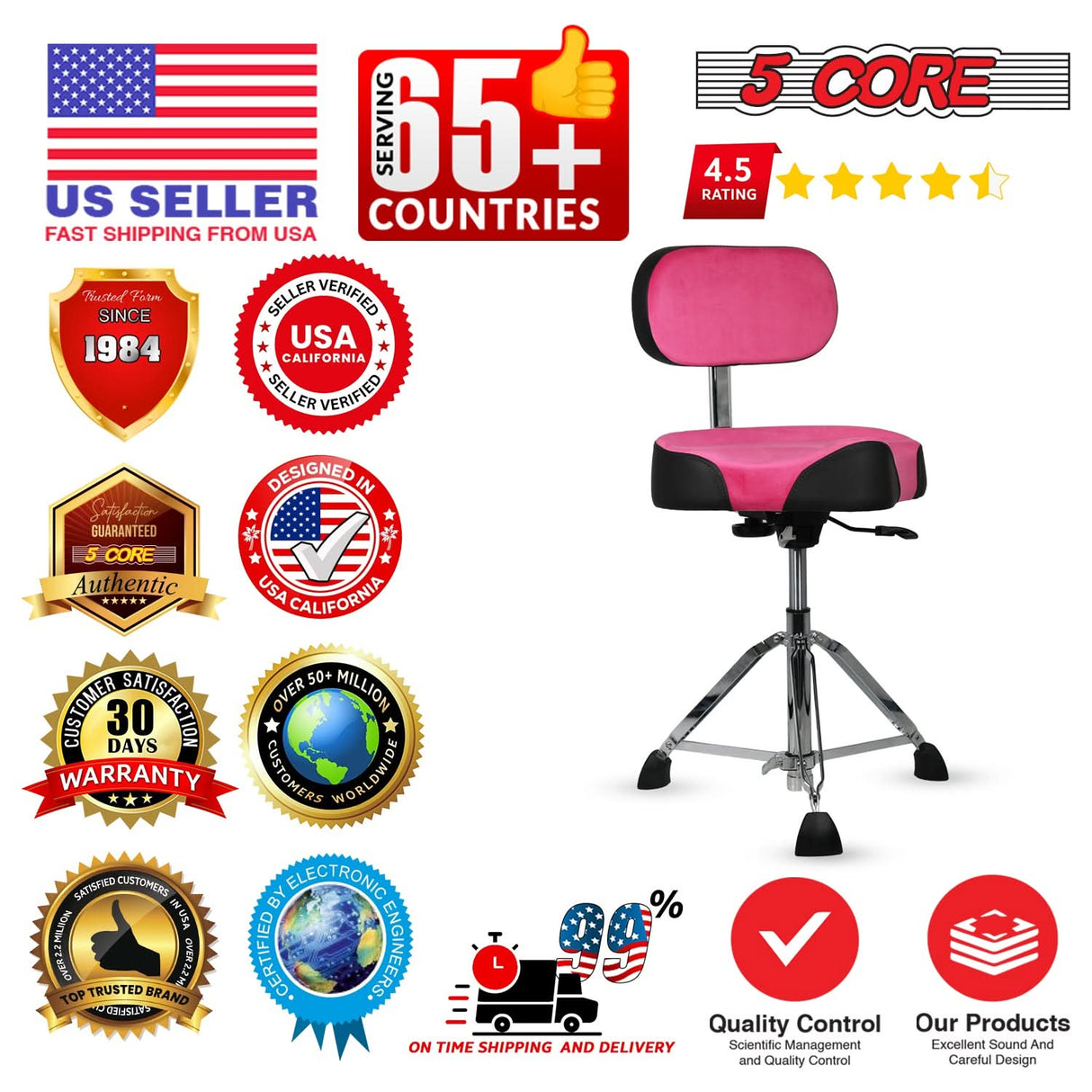 5 Core Drum Throne w Backrest 4" Padded Stool Airlift 25" Adjustable Drummer Stool 441Lb Capacity