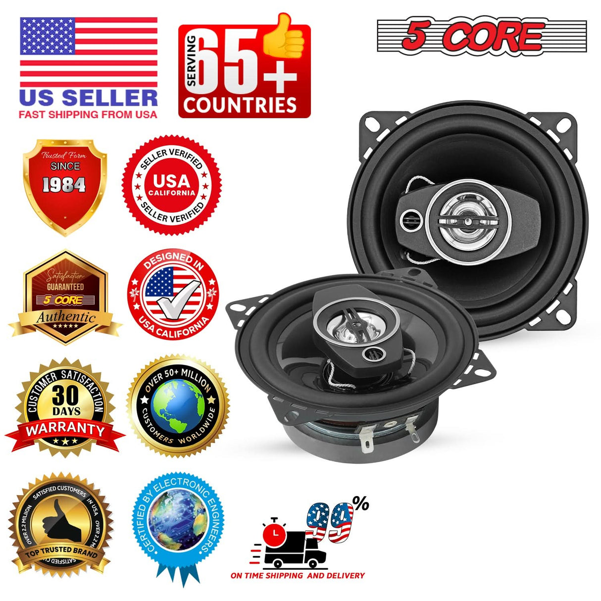 5Core Coaxial Door Car Speakers 4” Pair 250W 4Ohm 2 Way Component Subwoofer Audio w Super Tweeter