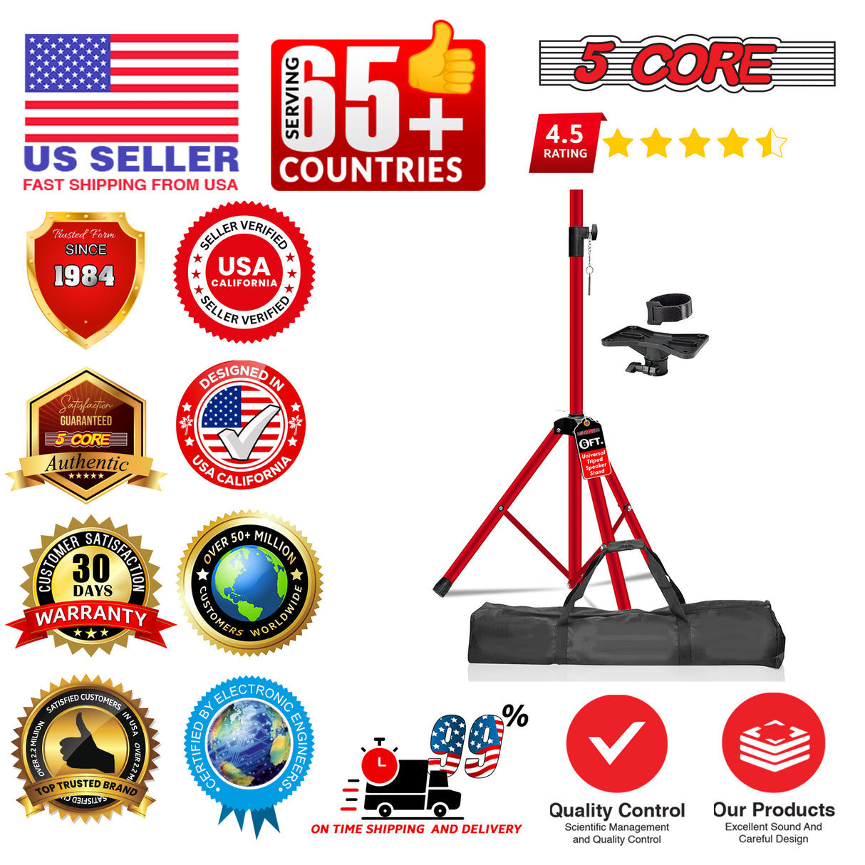 5 Core Speaker Stand Tripod Heavy Duty Adjustable 72" Universal Mount for PA DJ Studio w Bag