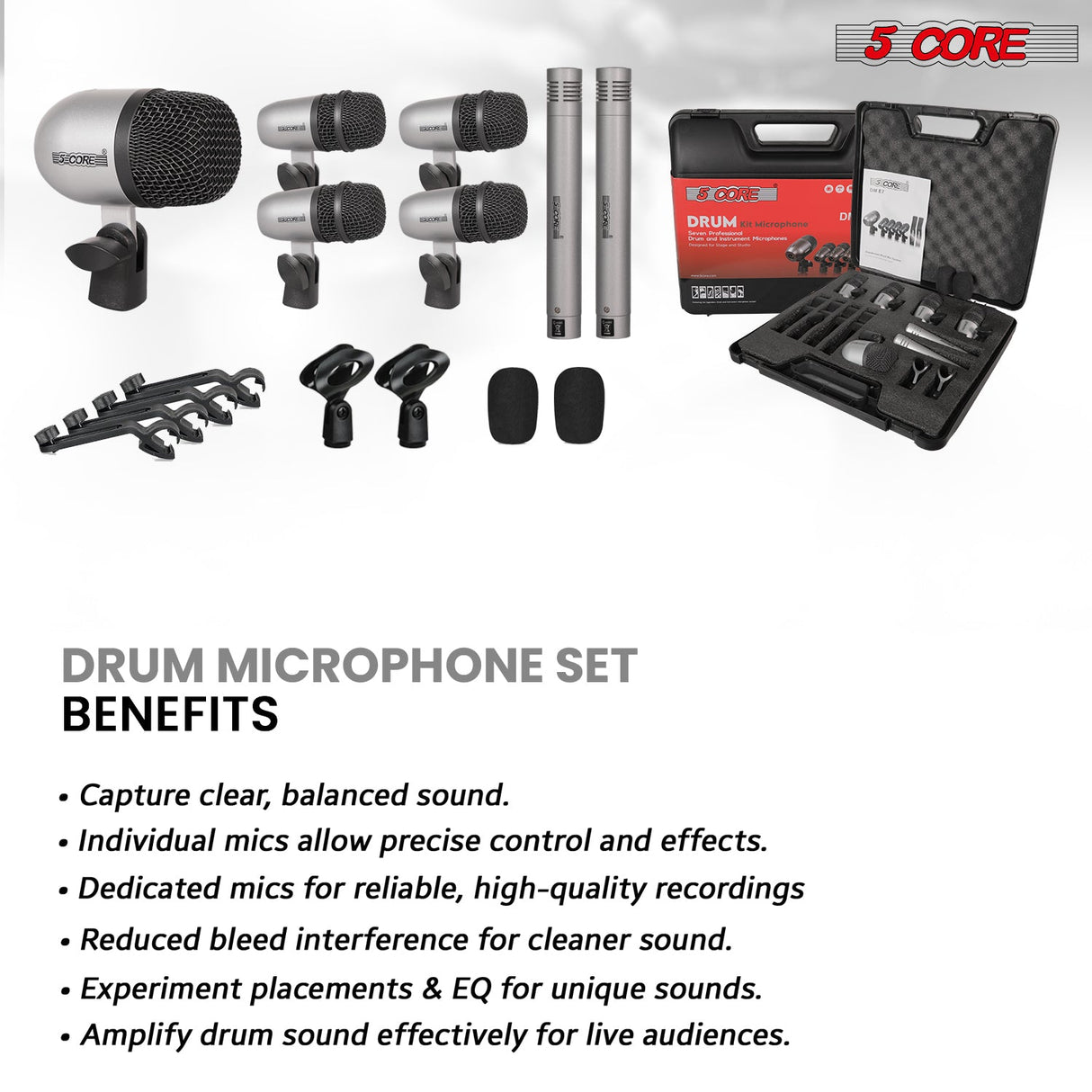 5 Core Drum Microphone Kit 7Pc All Metal Drummer Mics Tom/Snare & Cymbals Wired Instrument Drums Set