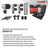 5 Core Drum Microphone Kit 7Pc All Metal Drummer Mics Tom/Snare & Cymbals Wired Instrument Drums Set