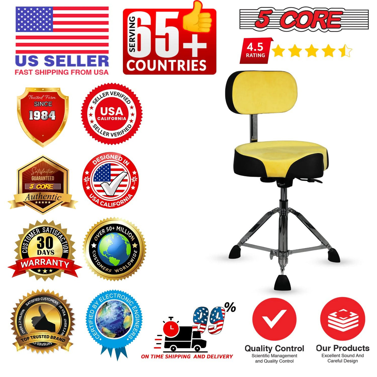 5 Core Drum Throne w Backrest 4" Padded Stool Airlift 25" Adjustable Drummer Stool 441Lb Capacity