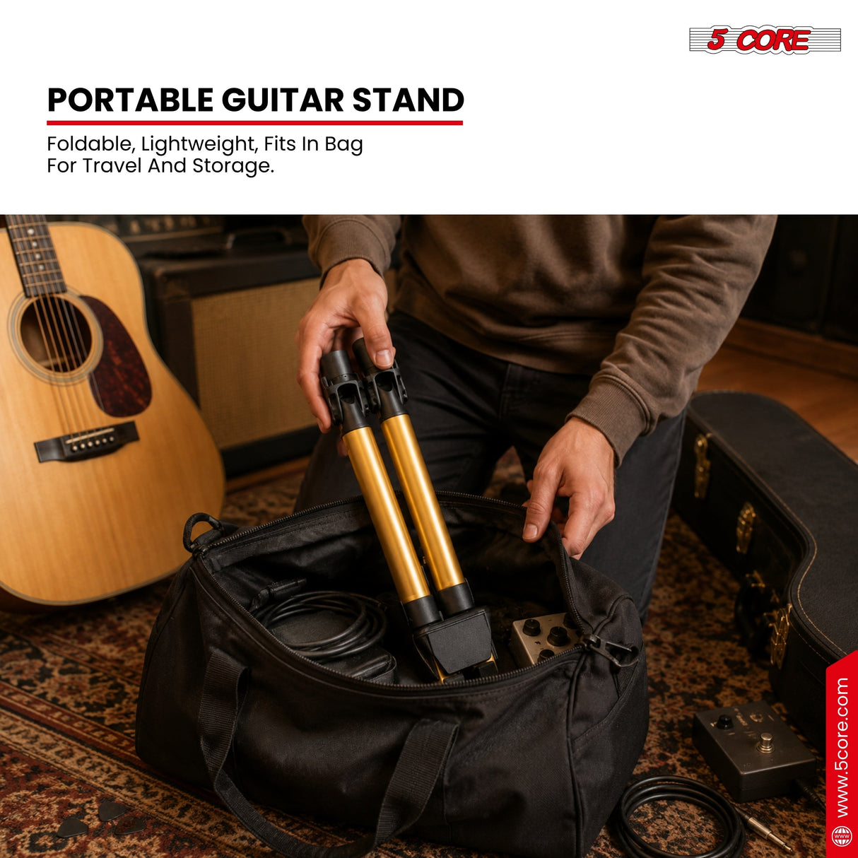 5 Core Guitar Stand Adjustable A Frame Shape w Rubber Pad Arms Supports Acoustic Electric Bass Gold