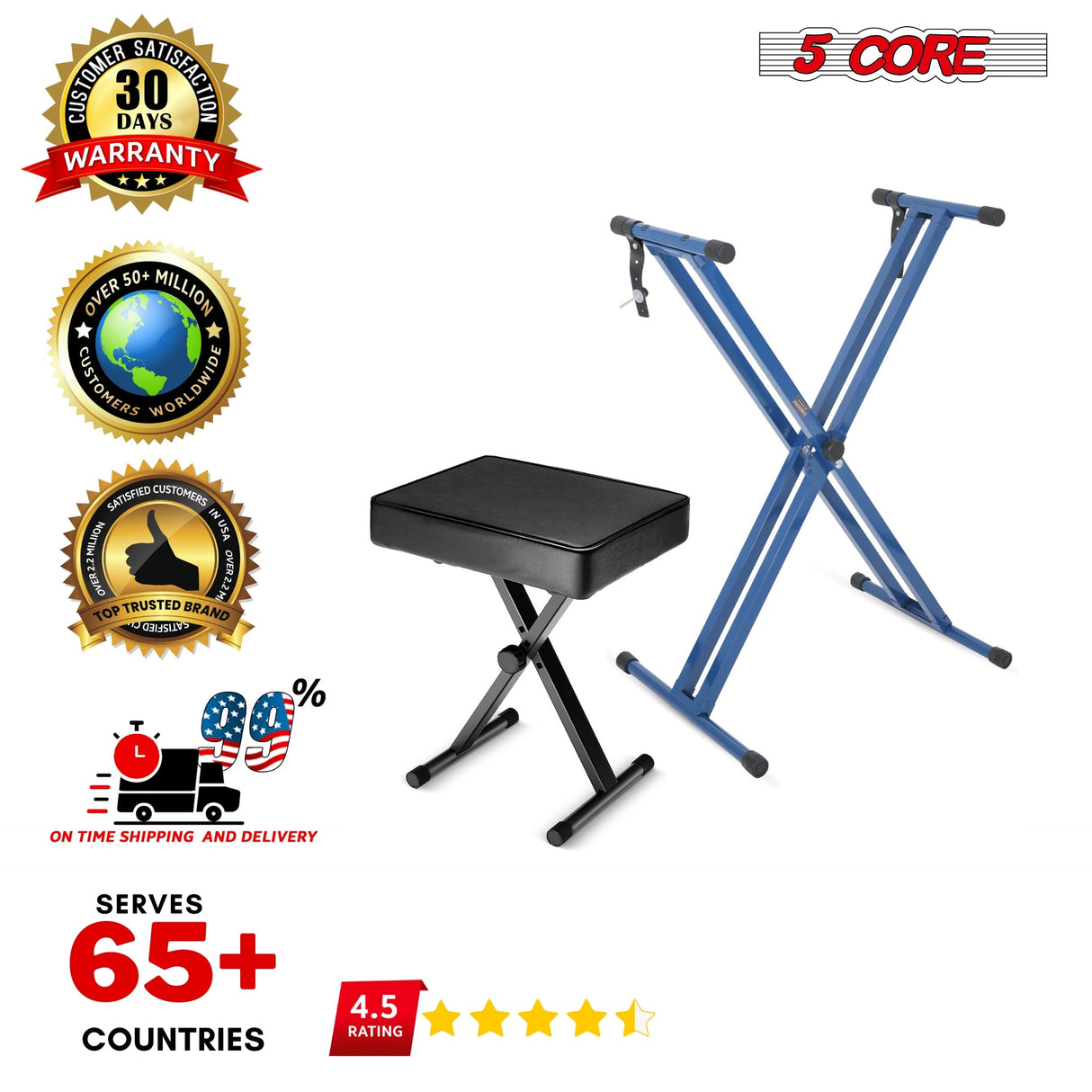 5Core Keyboard Stand Double X Style Adjustable Piano Riser BLUE + Keyboard Piano Bench BLACK