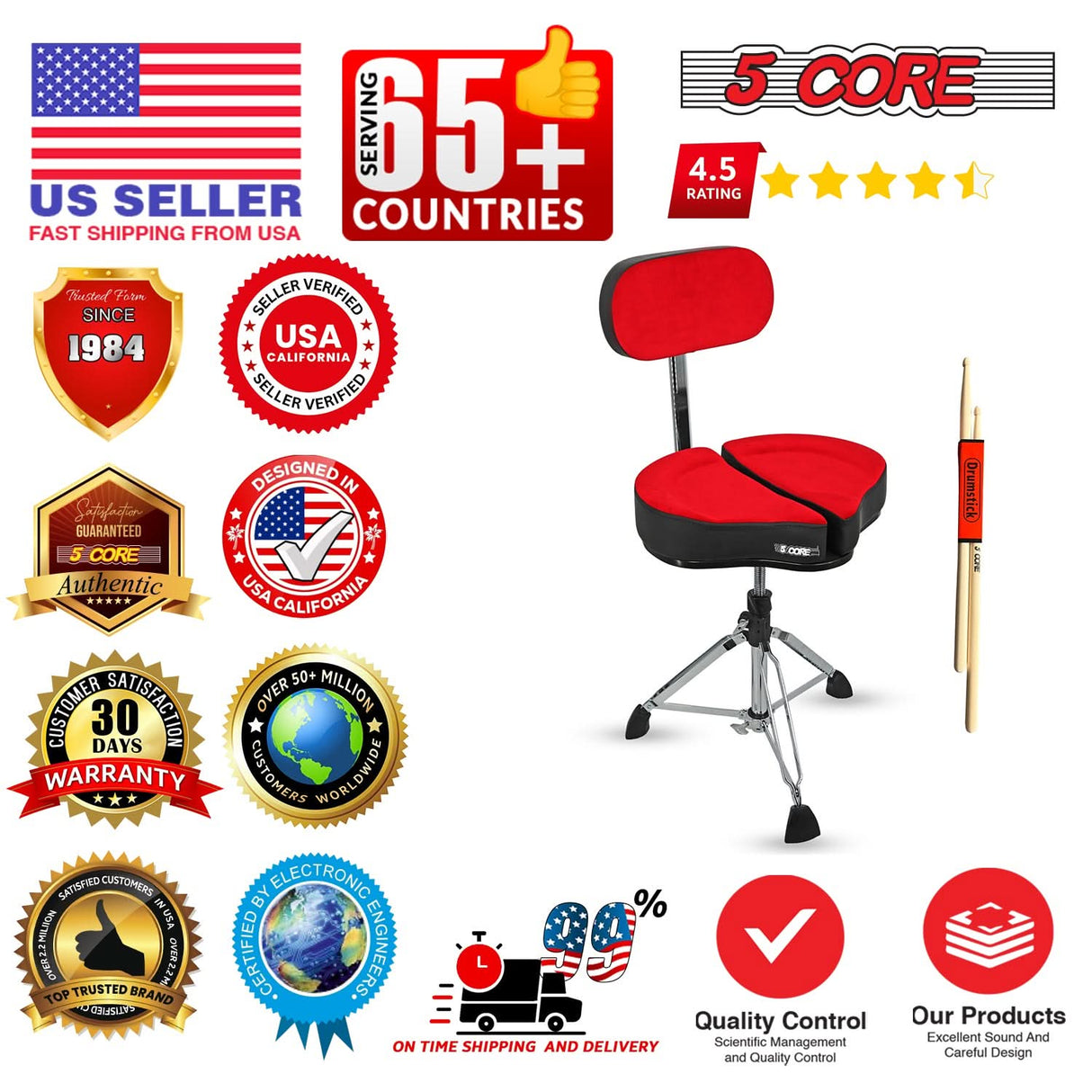 5Core Drum Throne Padded Guitar Stool Backrest Drummer Seat for Adults & Kids