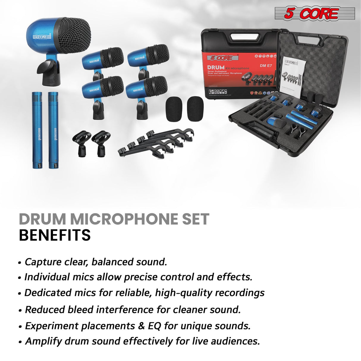 5 Core Drum Microphone Kit 7Pc All Metal Drummer Mics Tom/Snare & Cymbals Wired Instrument Drums Set