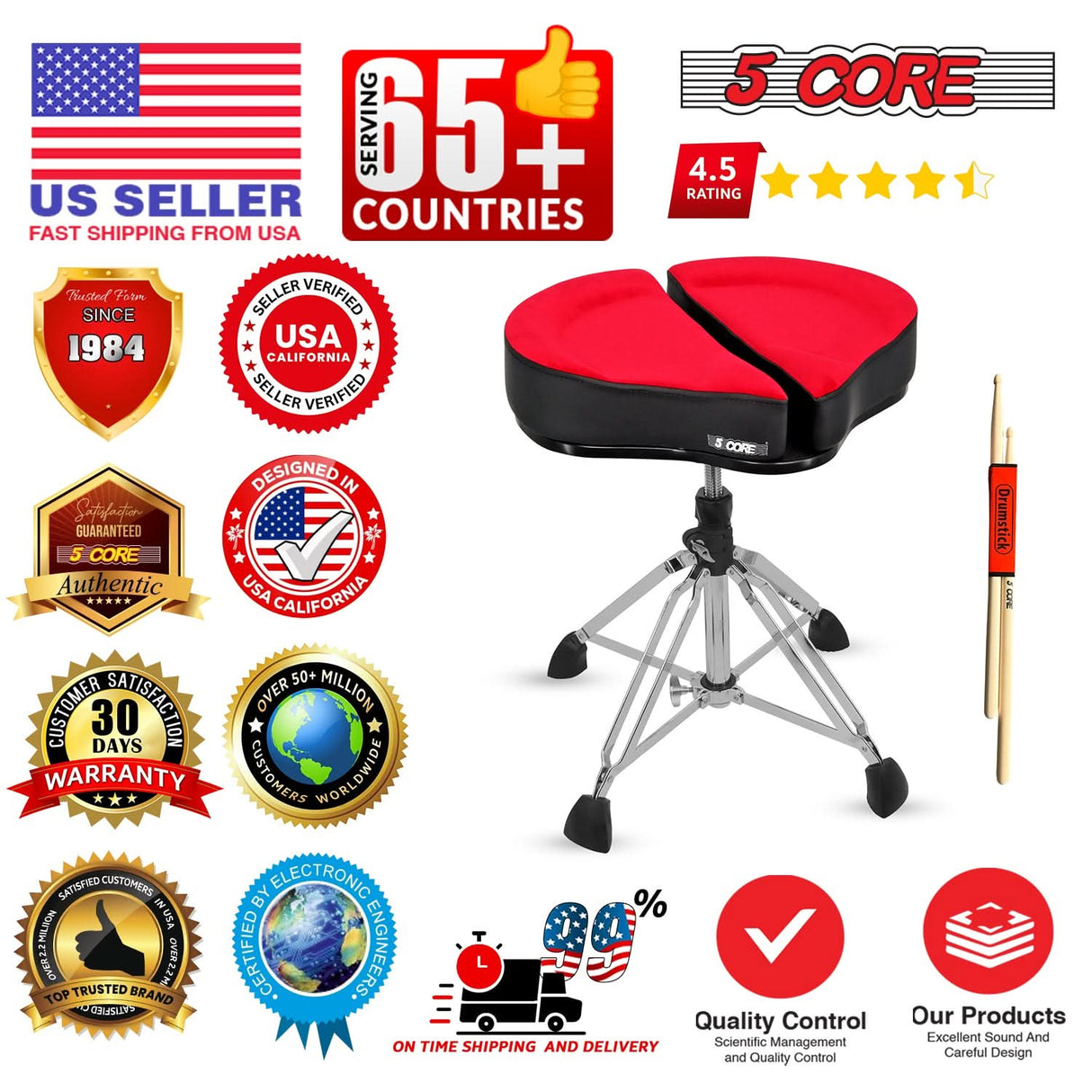 5Core Drum Throne Sponge Padded Guitar Stool Drummer Seat for Adults & Kids