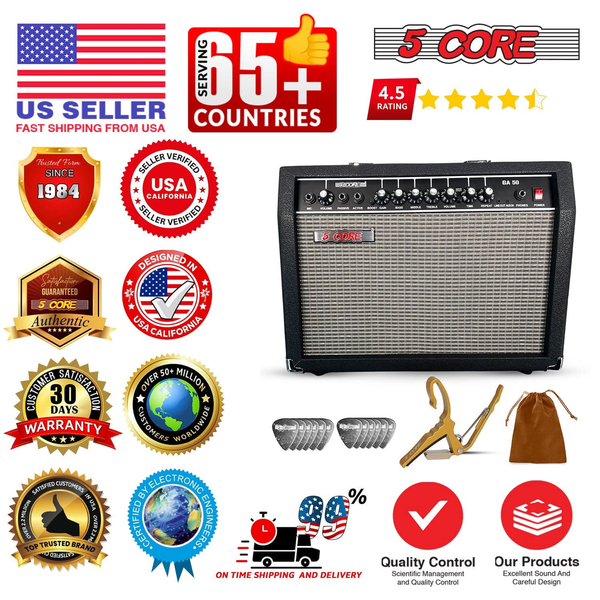 5 Core Guitar Amp 50 Watt  Electric Amplifier w Built in 8" Speaker Portable Mini Amps w Aux