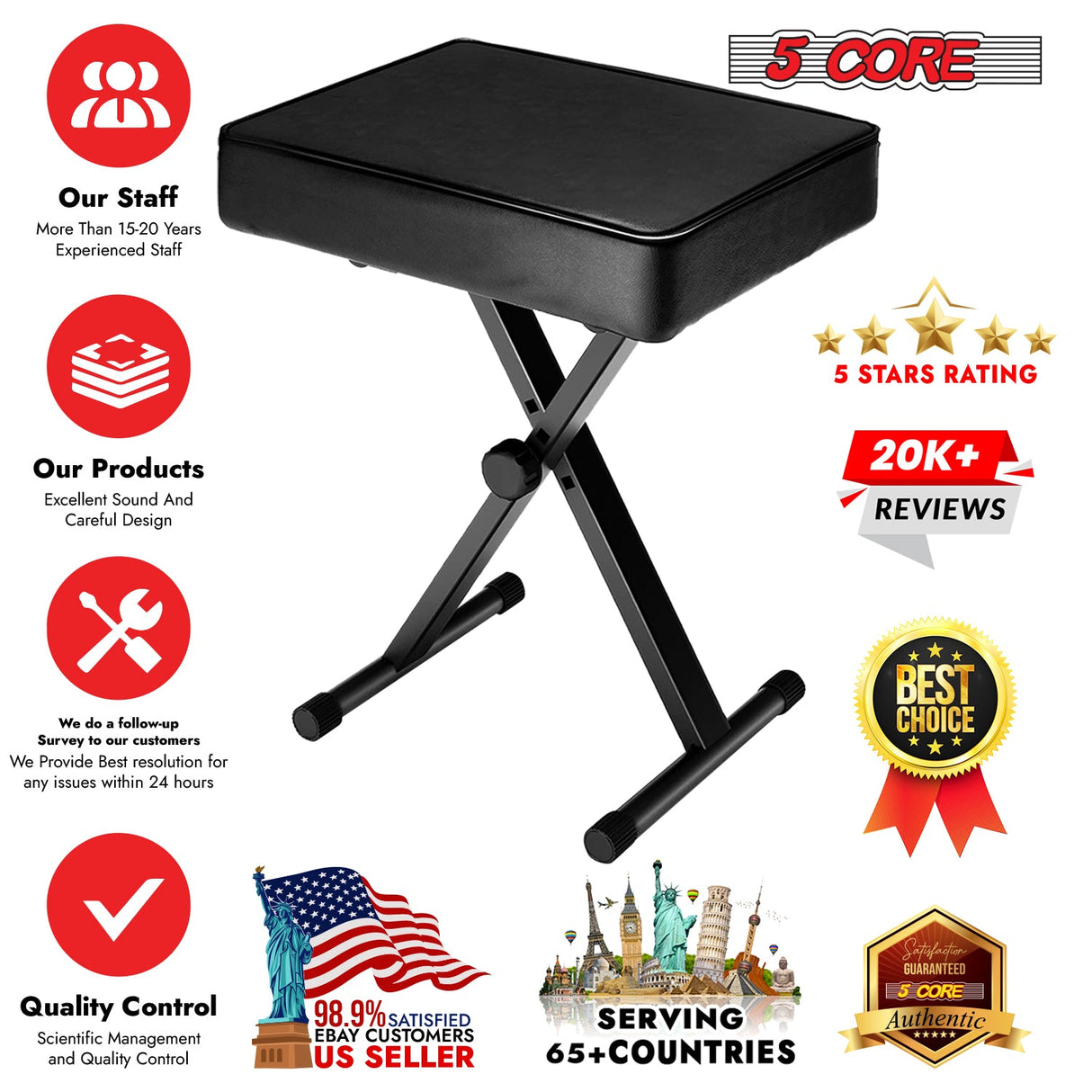 5 Core Keyboard Bench X Style Piano Stool Heavy Duty Adjustable Keyboards Chair Black