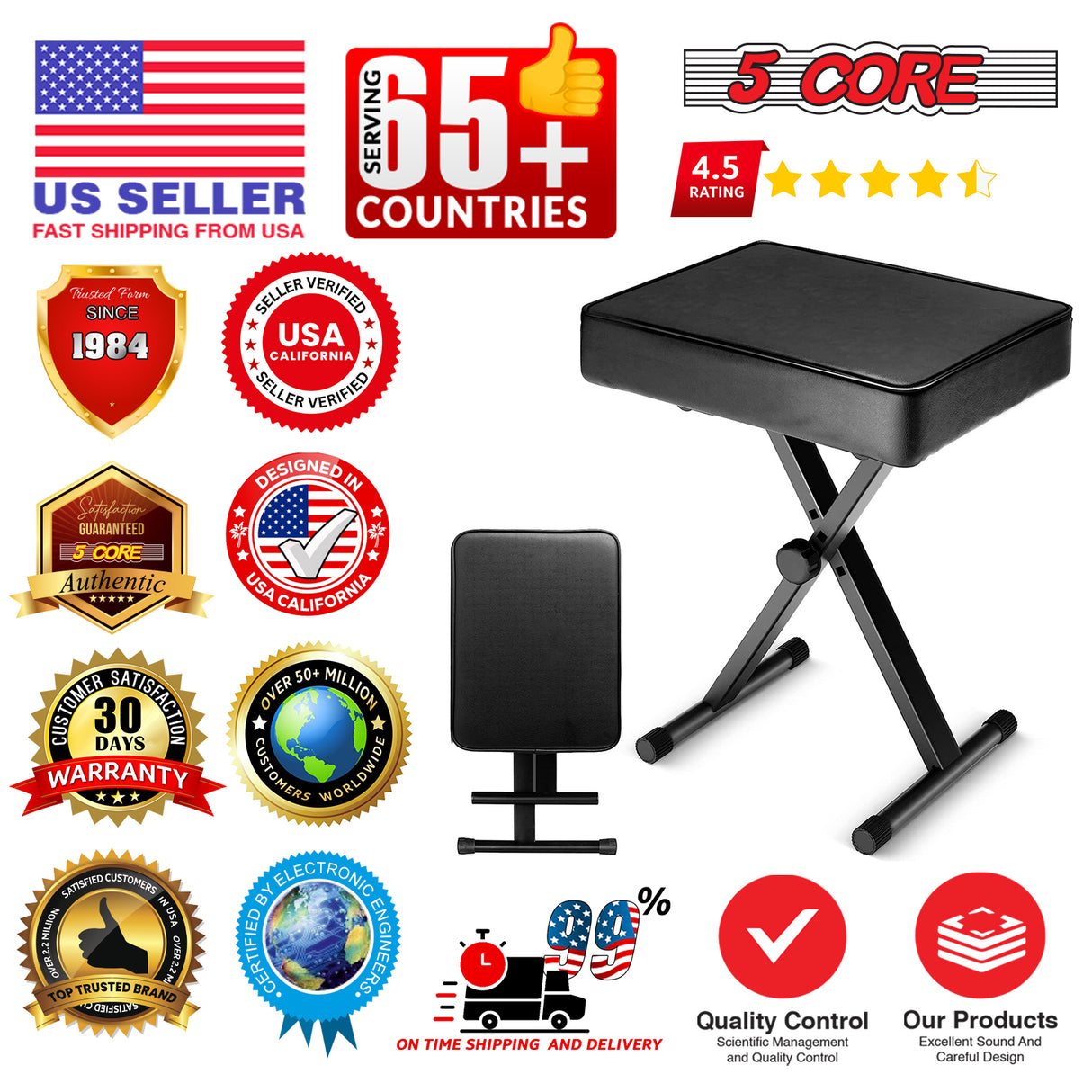 5 Core Keyboard Bench 3 Inch Padded Piano Stool Adjustable 20.5" Guitar Seat Heavy Duty Portable