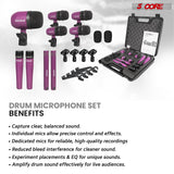 5 Core Drum Microphone Kit 9Pc All Metal Drummer Mics Tom/Snare & Cymbals Wired Instrument Drums Set
