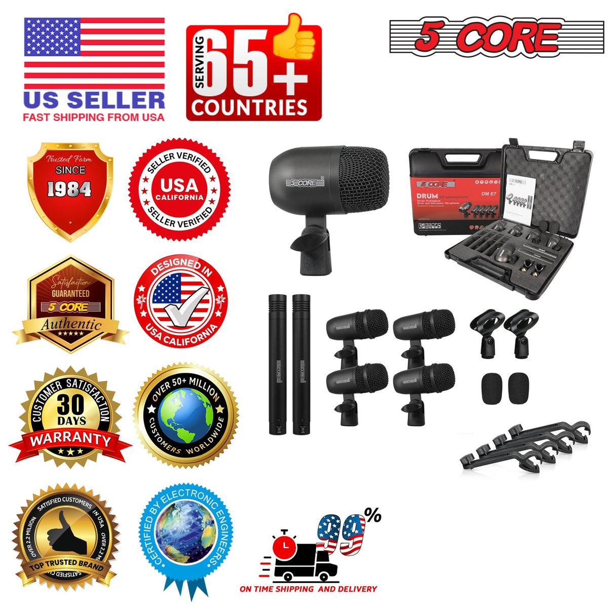 5 Core Drum Microphone Kit 7Pc All Metal Drummer Mics Tom/Snare & Cymbals Wired Instrument Drums Set