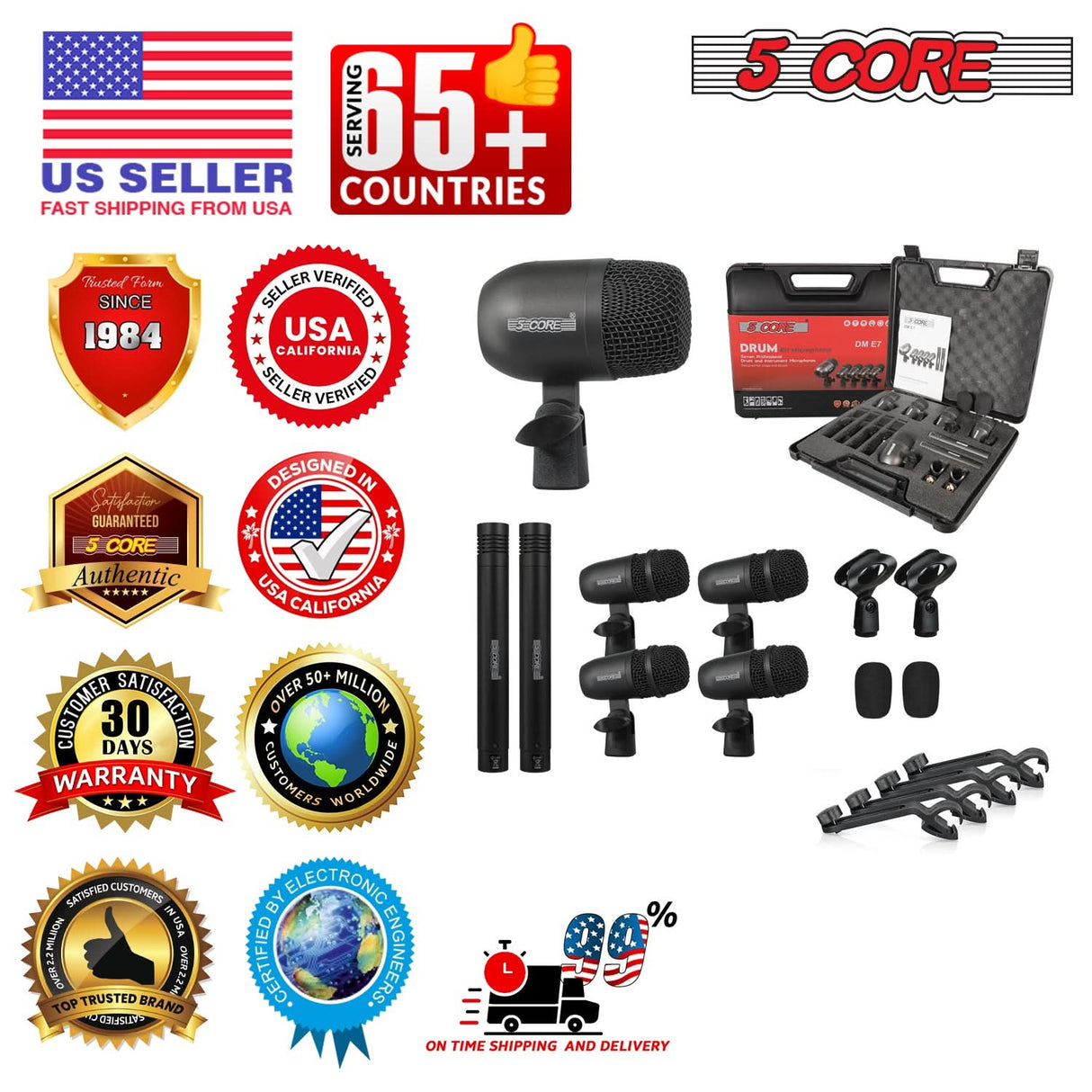 5 Core Drum Microphone Kit 7 Piece All Metal Drummer Instrument Mics Tom/Snare & Cymbals Set