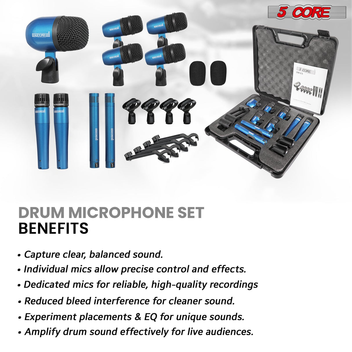 5 Core Drum Microphone Kit 9Pc All Metal Drummer Mics Tom/Snare & Cymbals Wired Instrument Drums Set