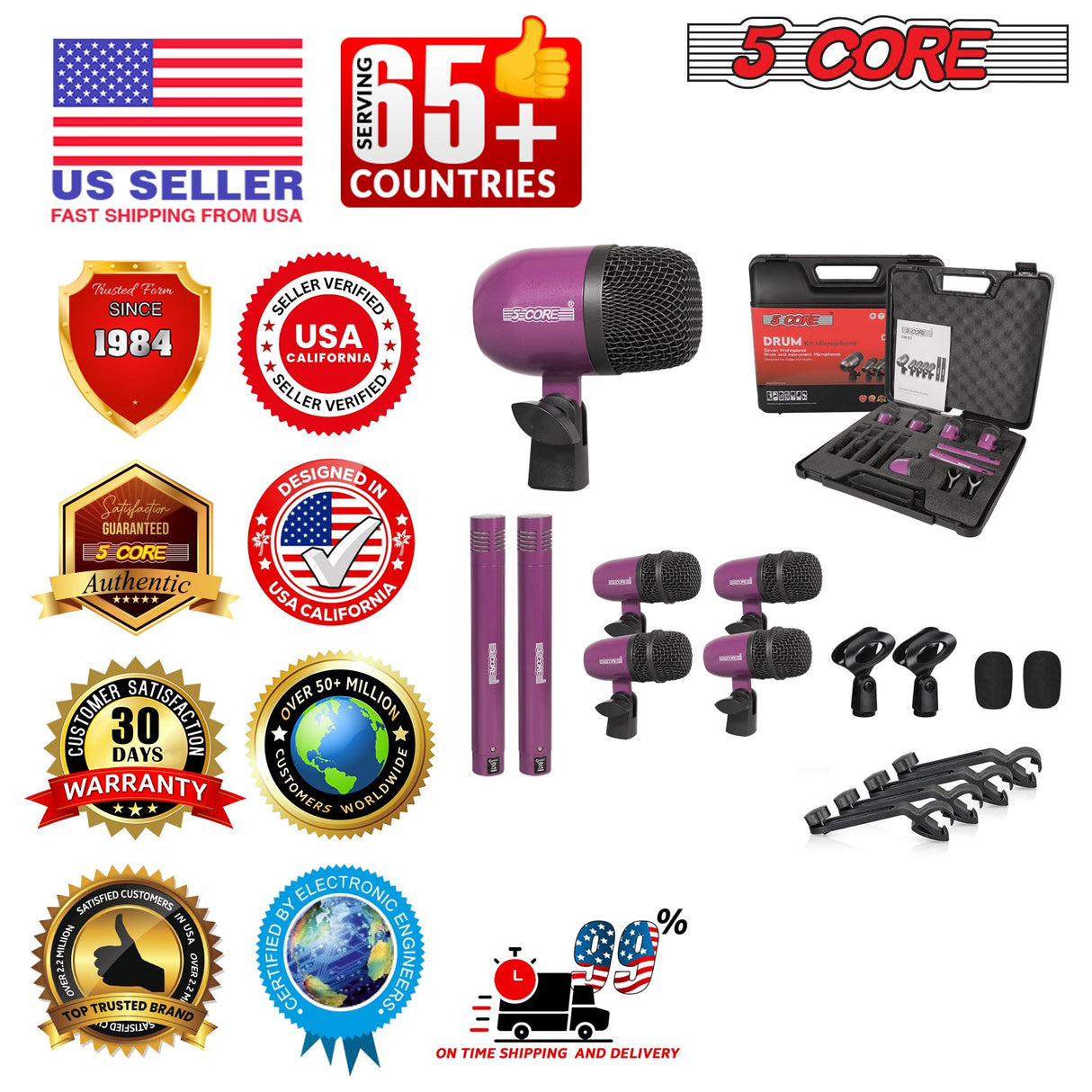 5 Core Drum Microphone Kit 7Pc All Metal Drummer Mics Tom/Snare & Cymbals Wired Instrument Drums Set