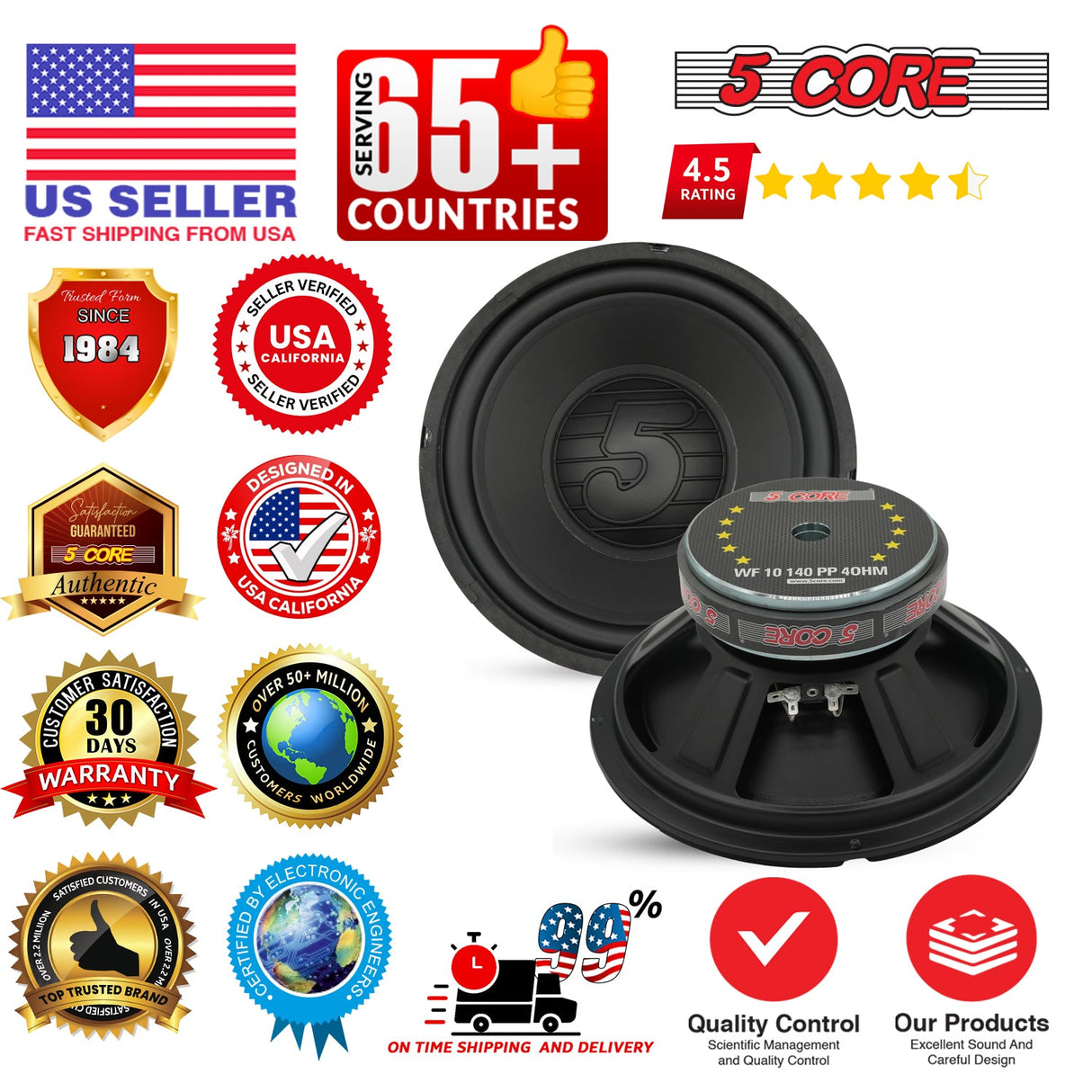 5 Core 10 Inch Woofer Pair 300W Car Subwoofer 4Ohm Replacement Deep Sub w Poly Cone