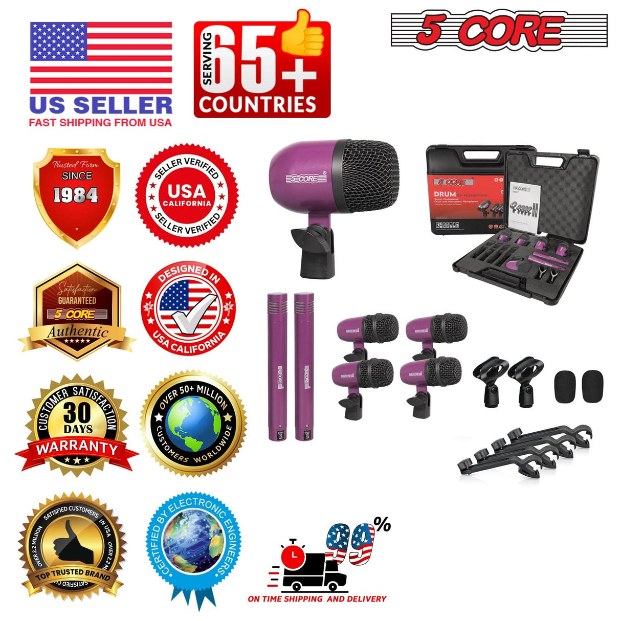 5 Core Drum Microphone Kit 7 Piece All Metal Drummer Instrument Mics Tom/Snare & Cymbals Set
