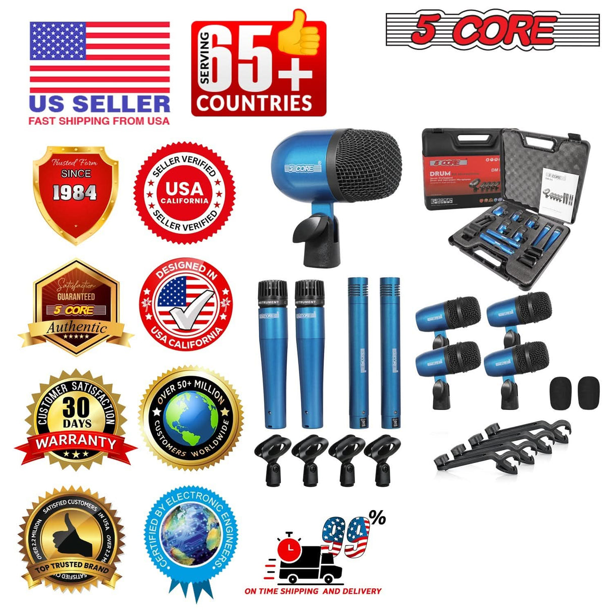 5 Core Drum Microphone Kit 9Pc All Metal Drummer Mics Tom/Snare & Cymbals Wired Instrument Drums Set