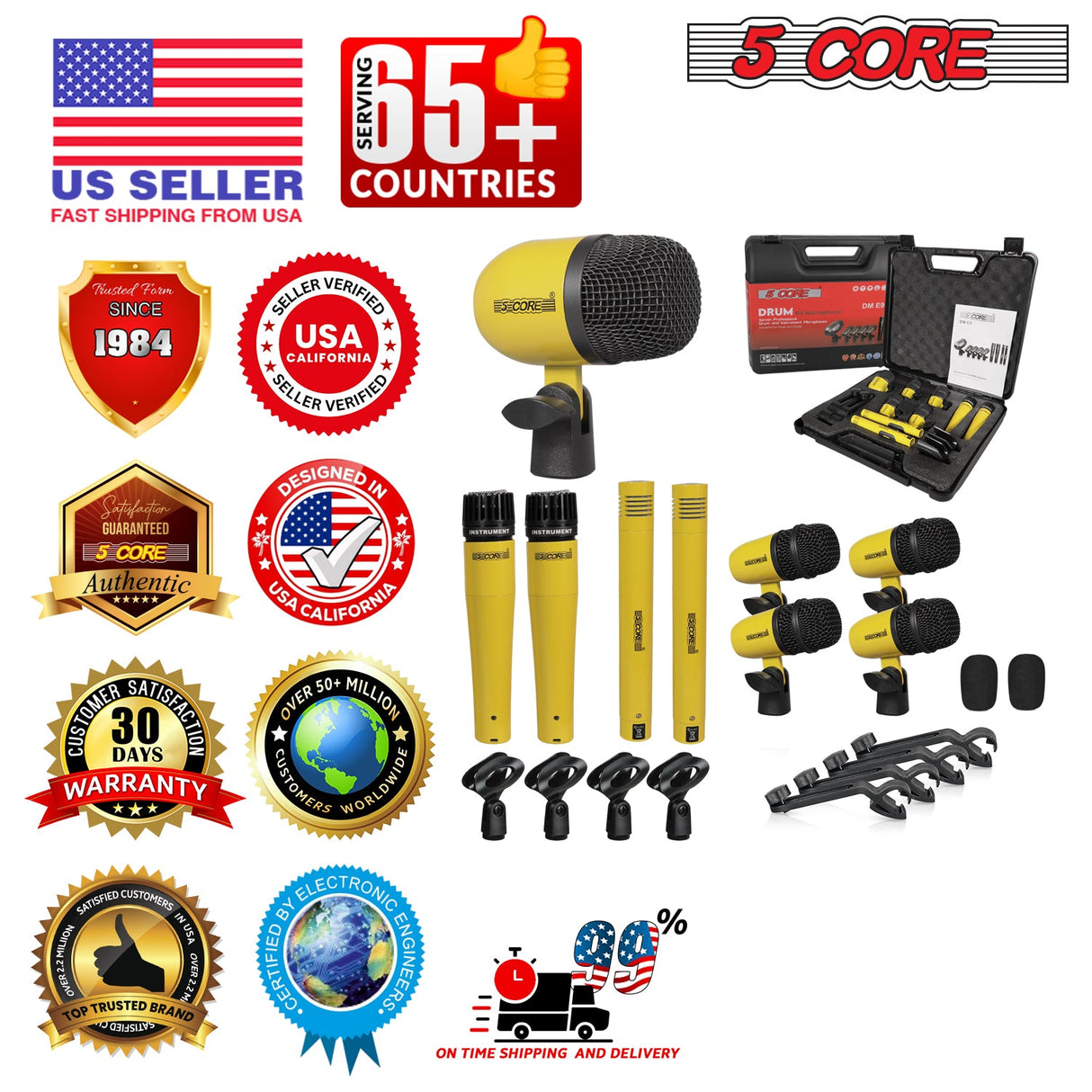 5 Core Drum Microphone Kit 9Pc All Metal Drummer Mics Tom/Snare & Cymbals Wired Instrument Drums Set