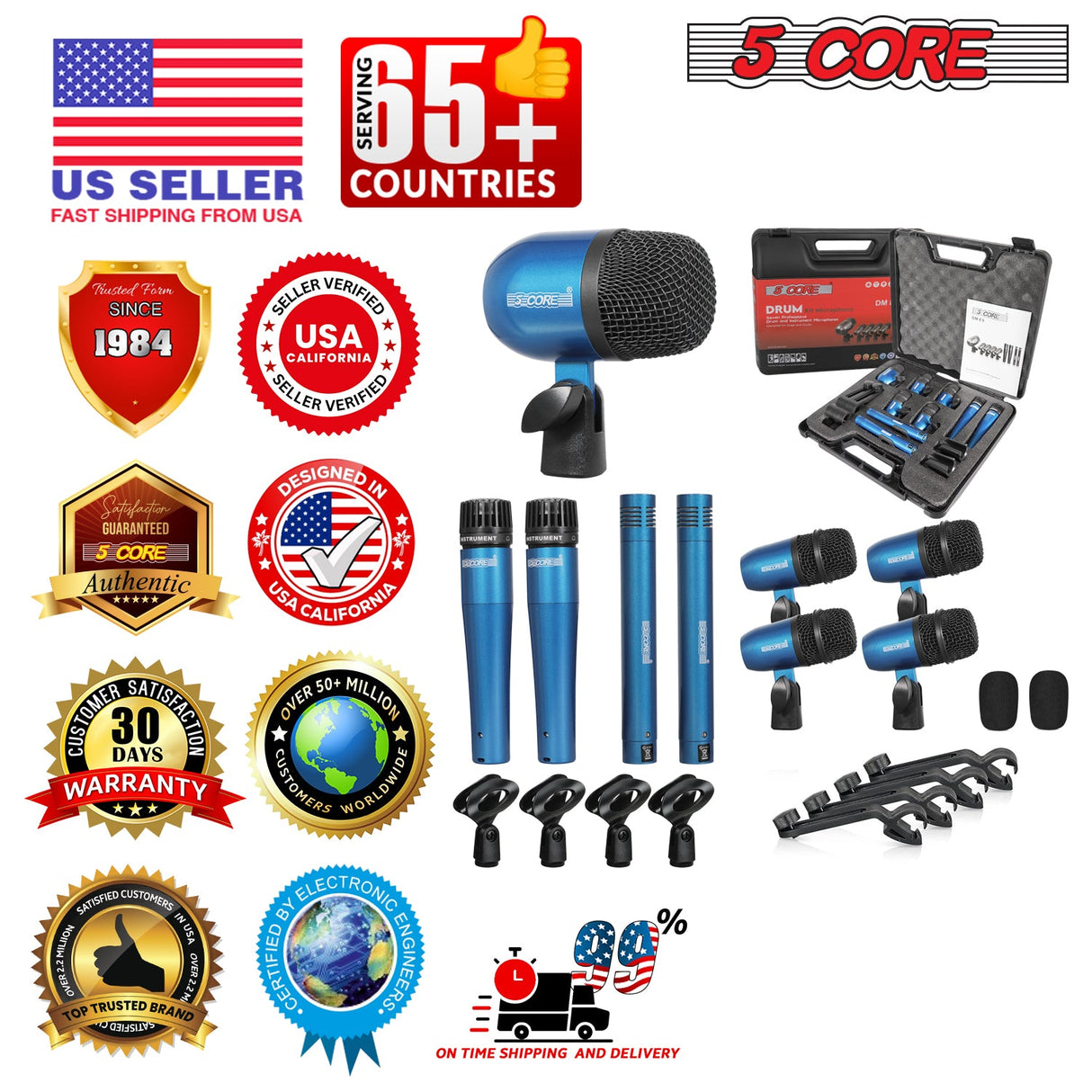 5 Core Drum Microphone Kit 9Pc All Metal Drummer Mics Tom/Snare & Cymbals Wired Instrument Drums Set