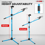 5 Core Dual Microphone Stand 2 Pack, Adjustable Tripod Floor Stand with Boom Arm, Sky Blue
