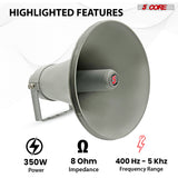 5 Core PA Horn 350W Loud Speaker 12 Inch Bull Horn Loud Audio 8Ohm All Weather Indoor Outdoor Use