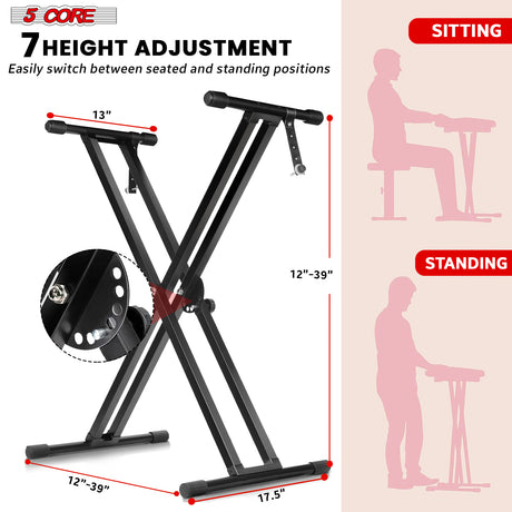 5 Core Keyboard Stand Piano Bench Combo Adjustable Key Board Stands 3" Padded Musician Chair Set